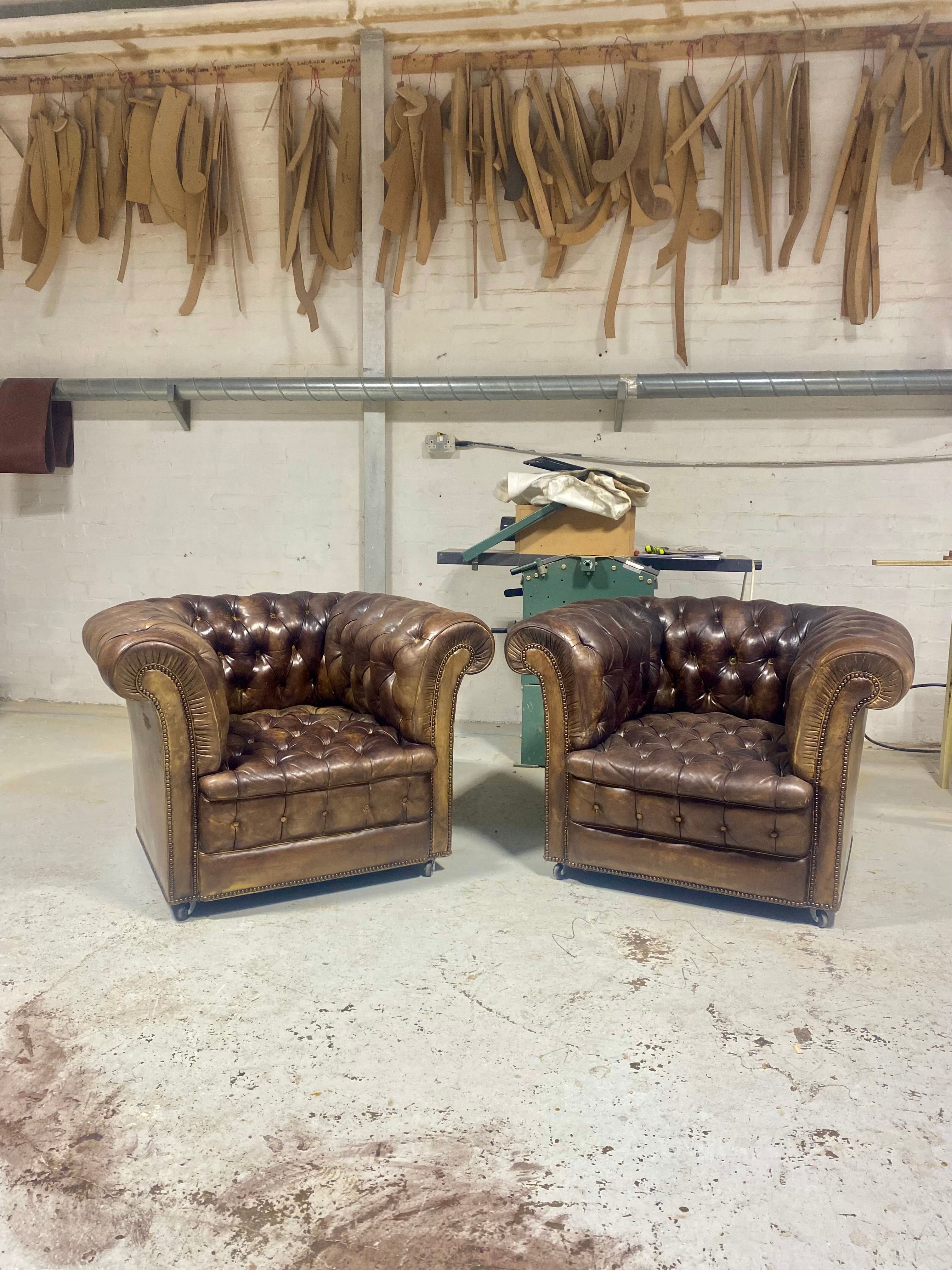 Stunning Matching Pair of Hand Dyed Vintage Leather Chesterfield Club Chairs