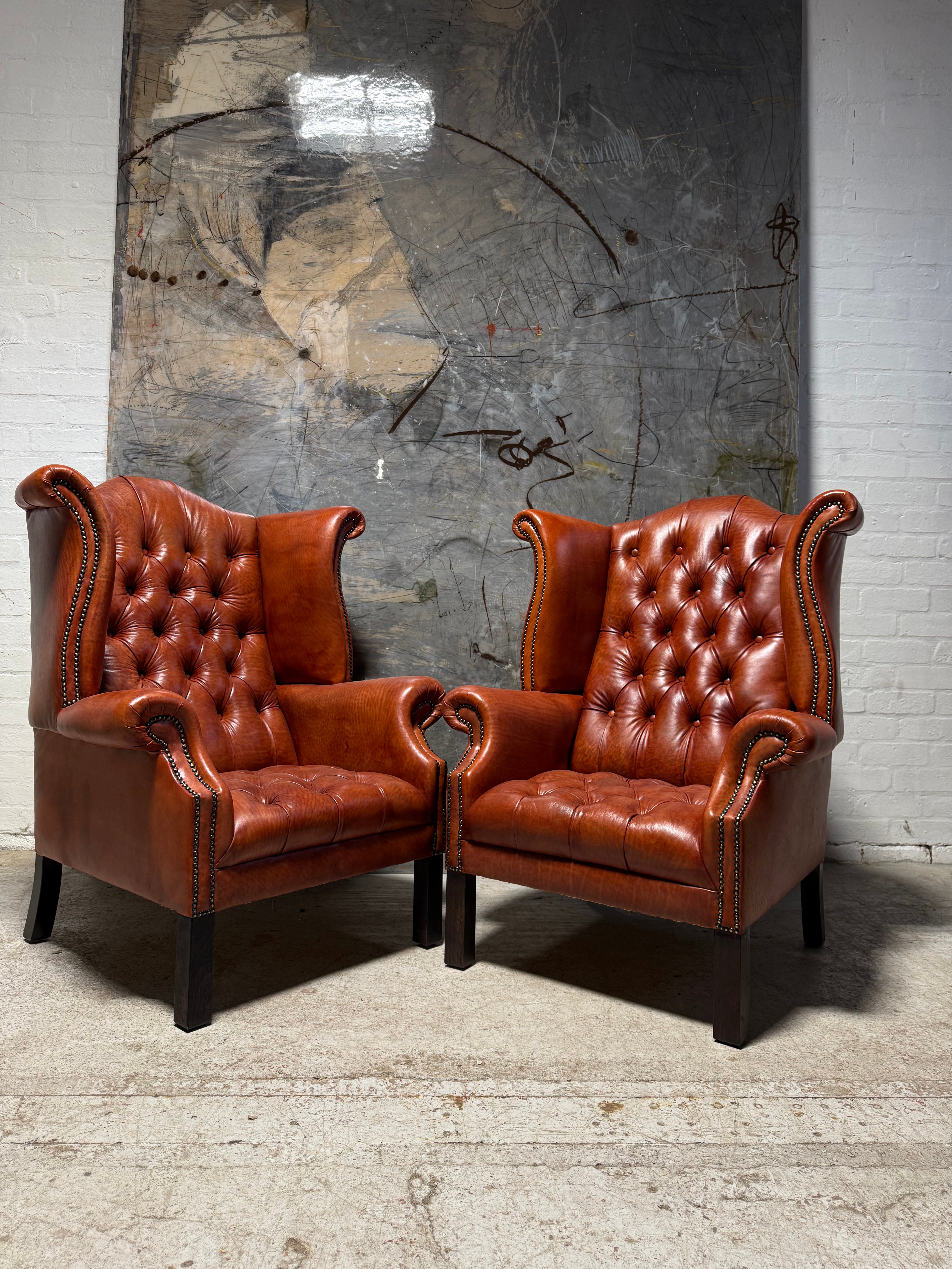 Fully Restored Late 20thC Chesterfield 3 Piece Suite in Hand Dyed Cognac