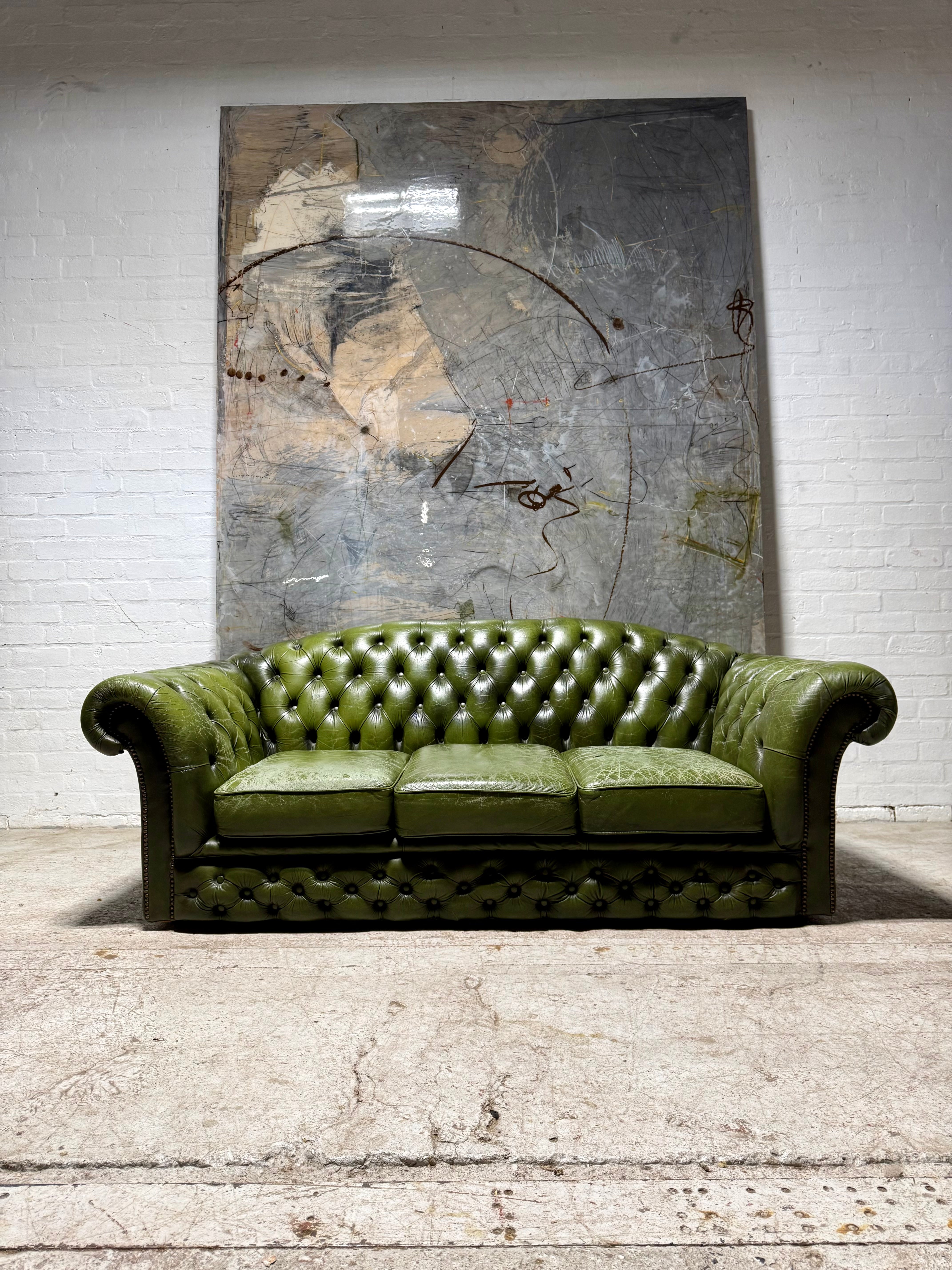 Matching Pair of Lovely Second Hand Green Leather Chesterfield Sofa’s
