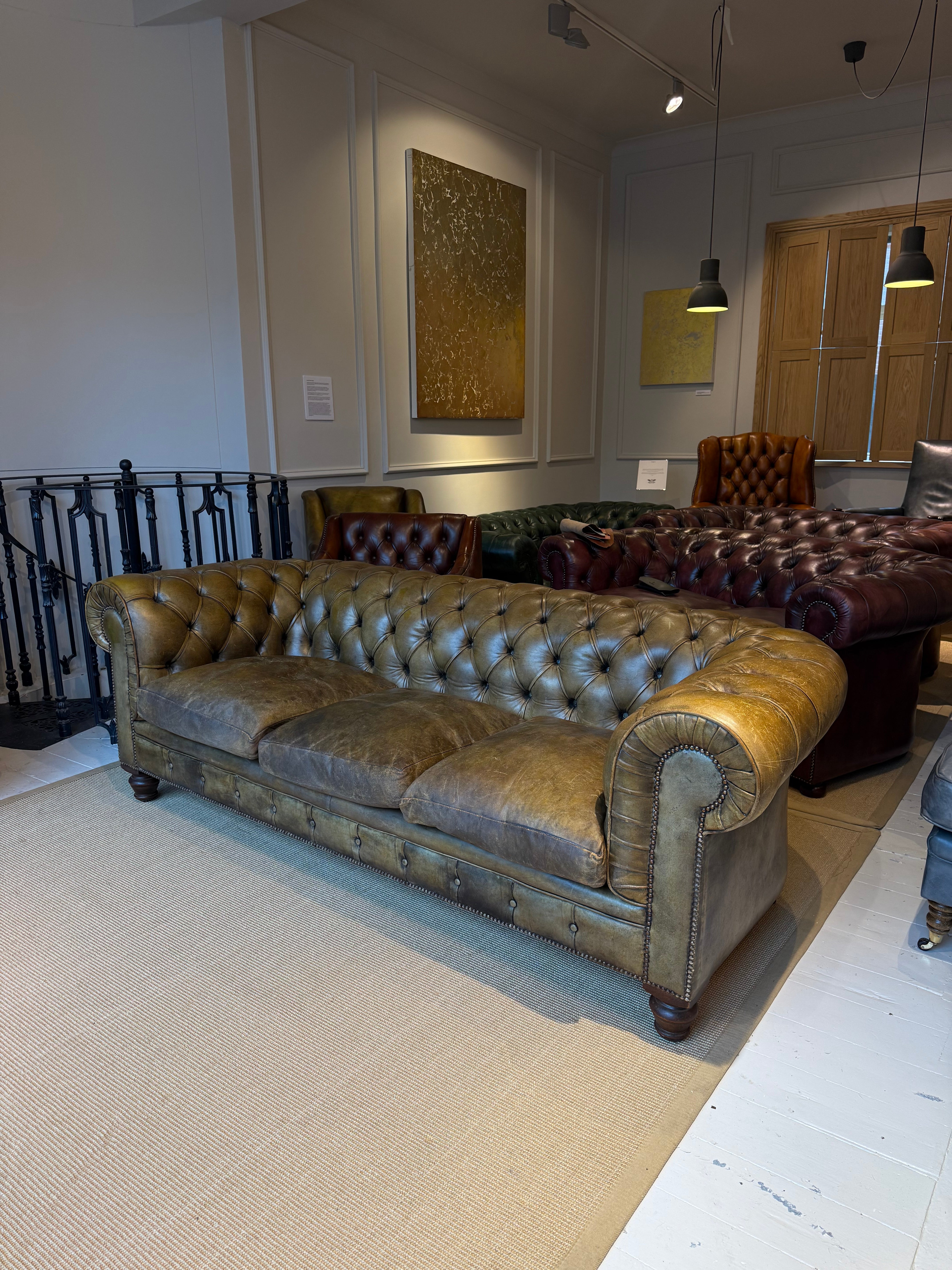 Exceptional MidC Vintage Leather Chesterfield Sofa in Original Hand Dyed Leather