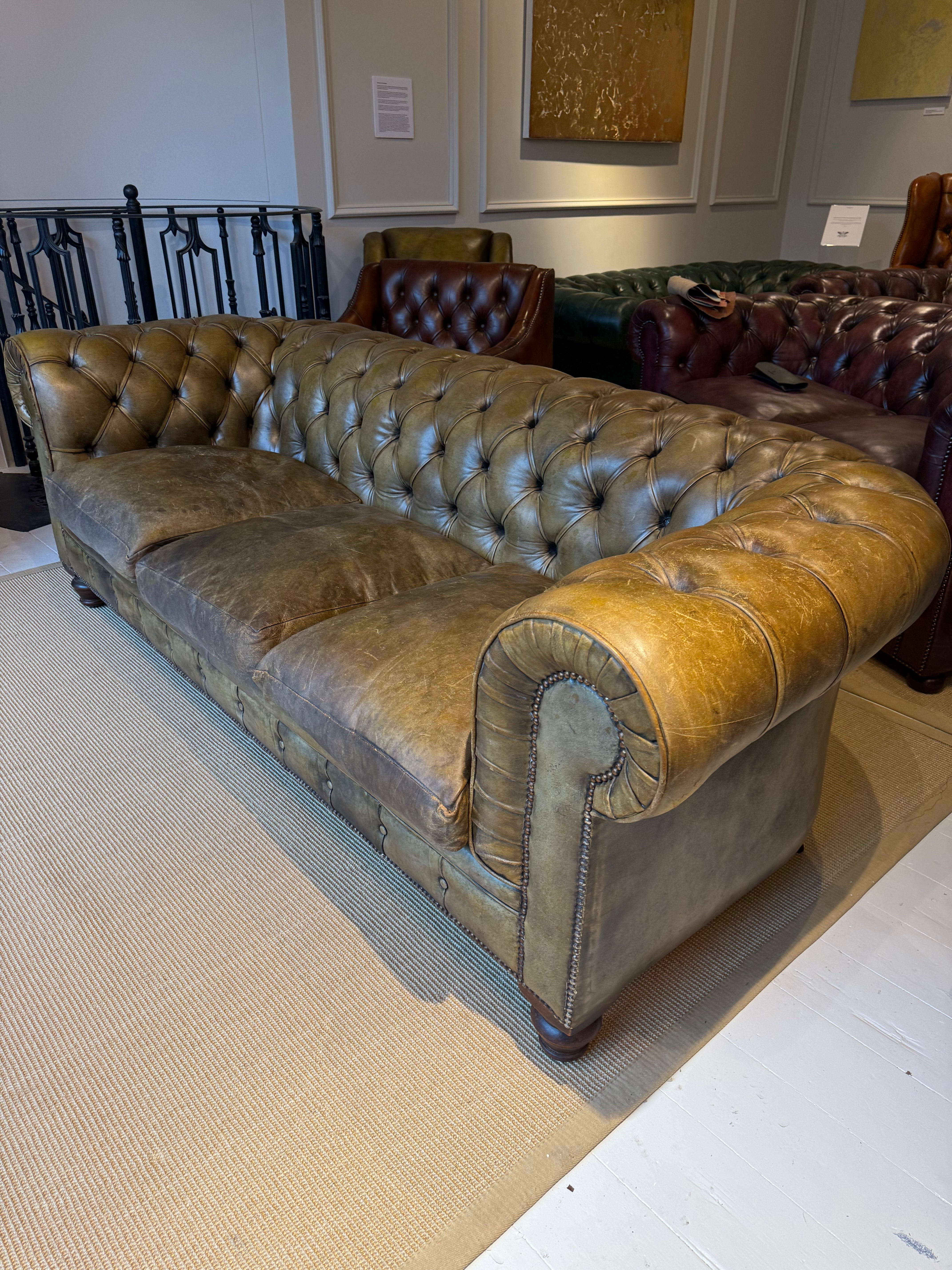 Exceptional MidC Vintage Leather Chesterfield Sofa in Original Hand Dyed Leather