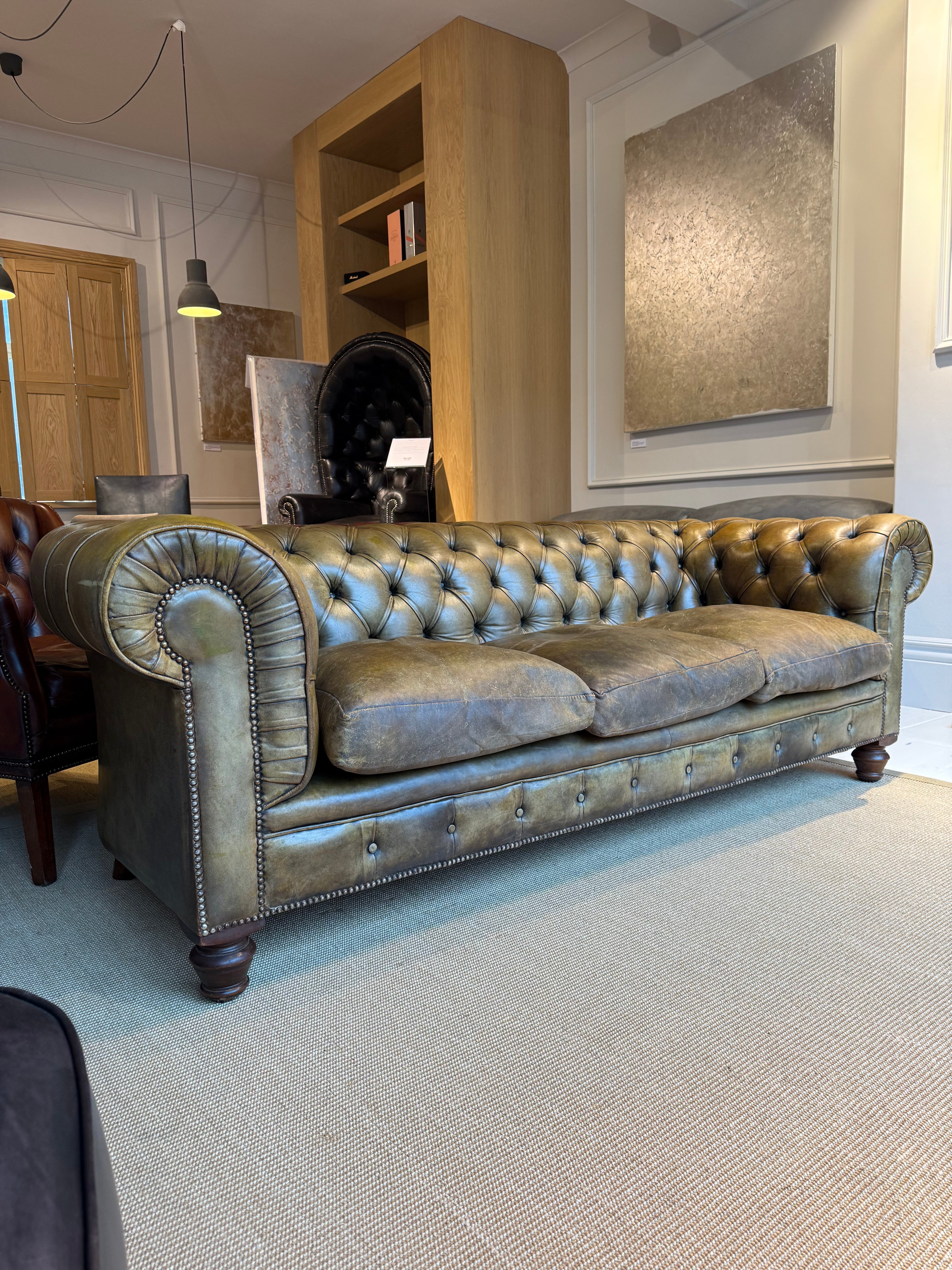 Exceptional MidC Vintage Leather Chesterfield Sofa in Original Hand Dyed Leather