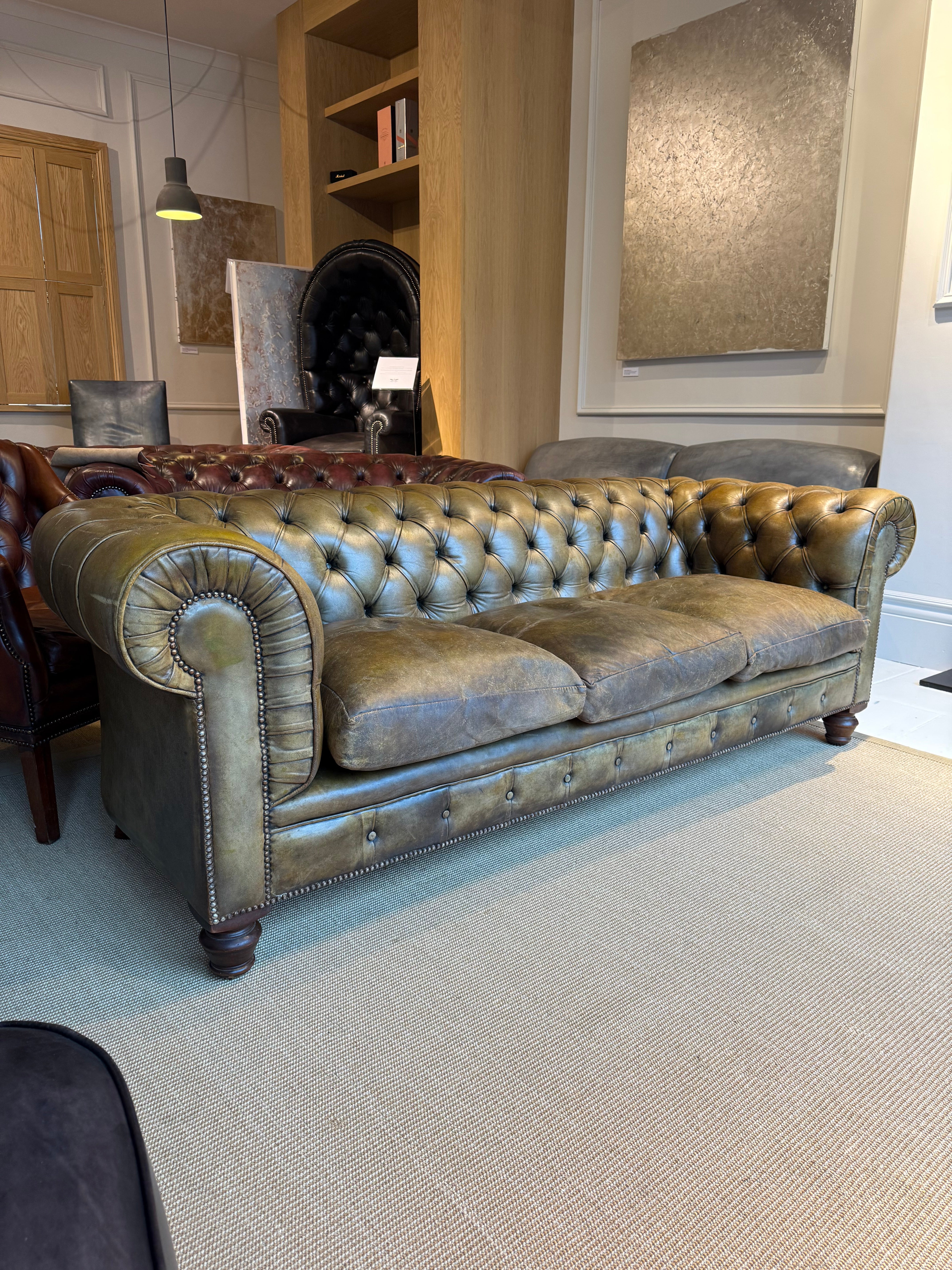 Exceptional MidC Vintage Leather Chesterfield Sofa in Original Hand Dyed Leather