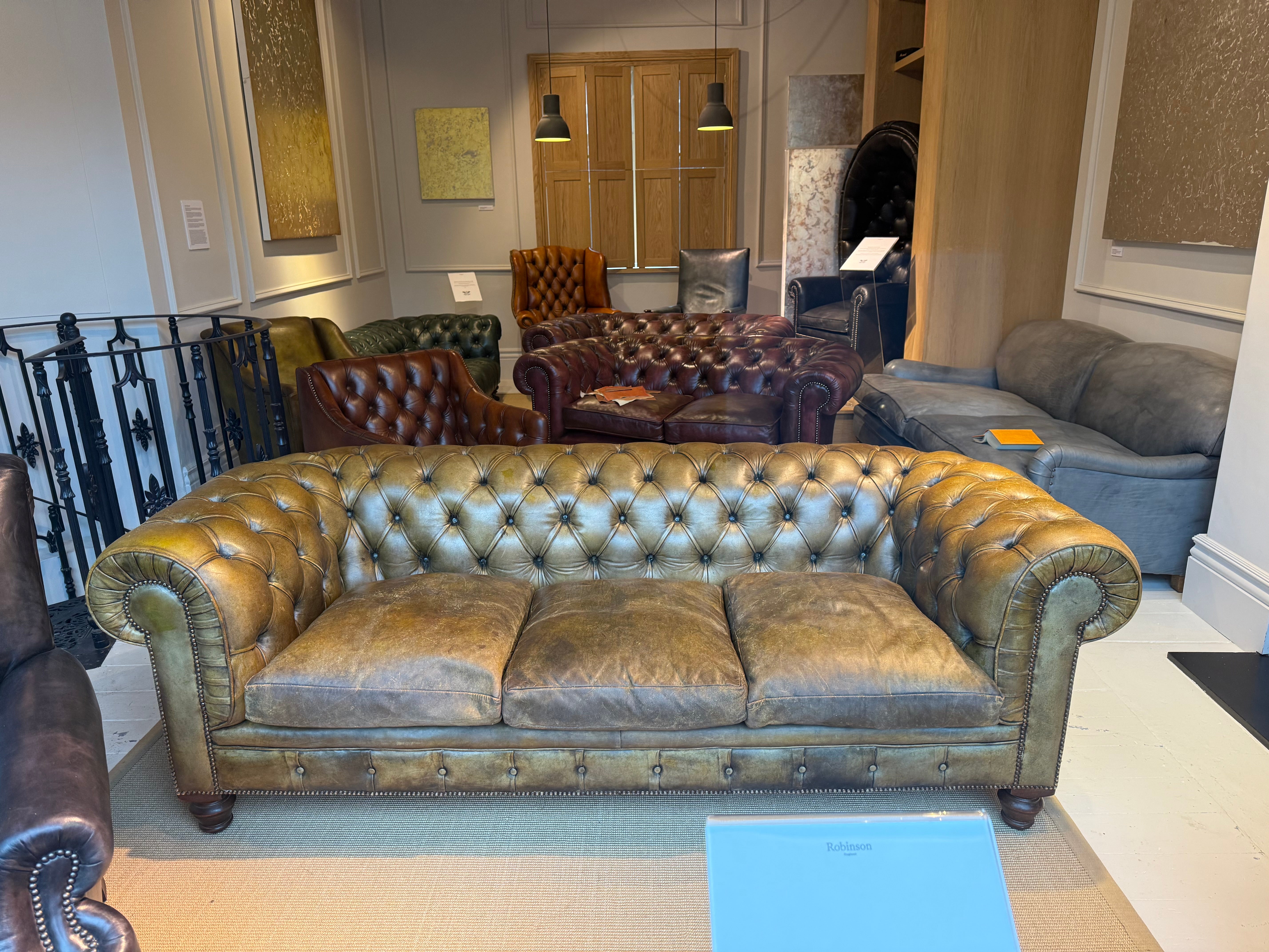 Exceptional MidC Vintage Leather Chesterfield Sofa in Original Hand Dyed Leather