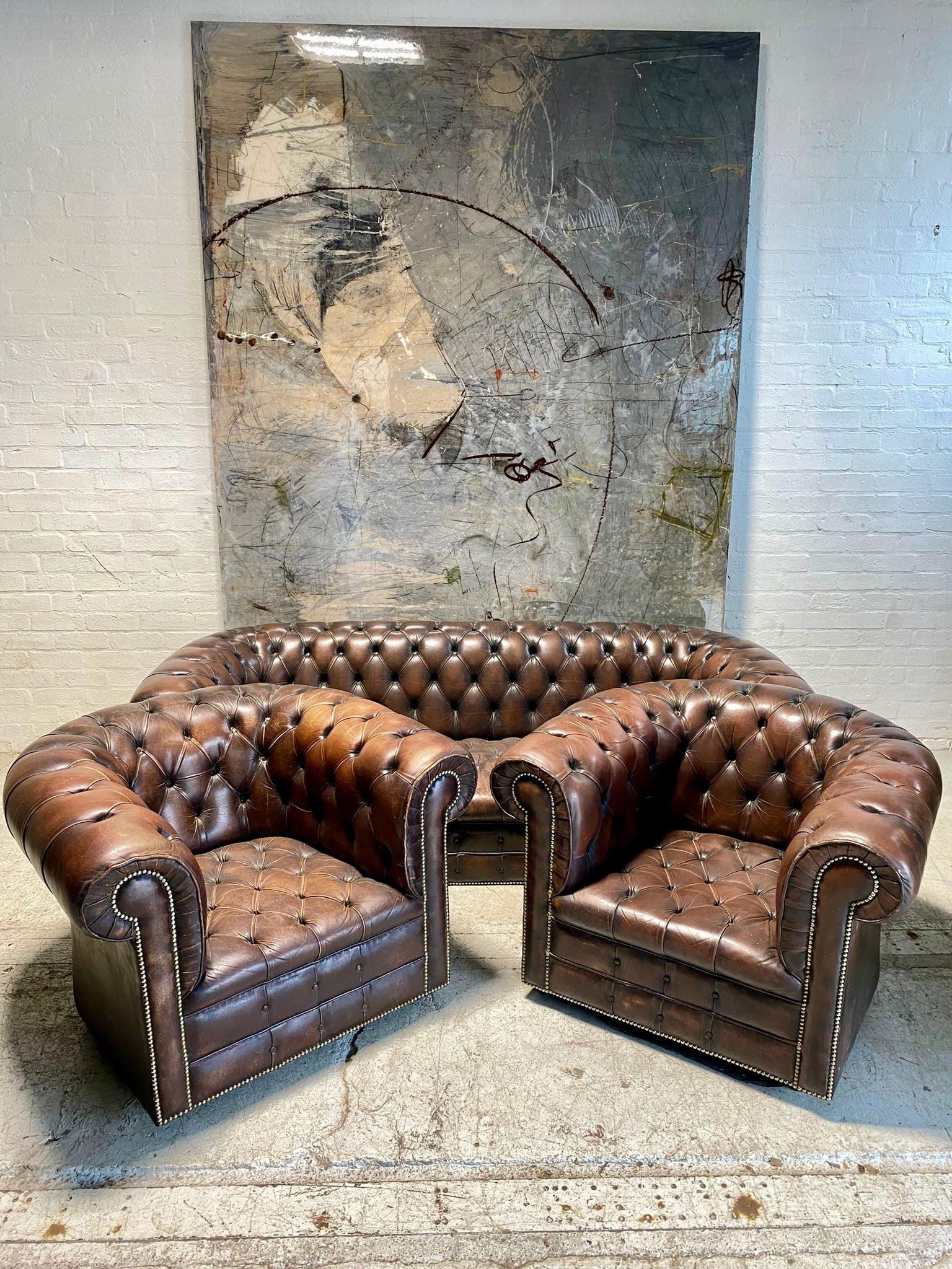 Beautiful MidC Vintage Leather Chesterfield Sofa in Chocolate Browns