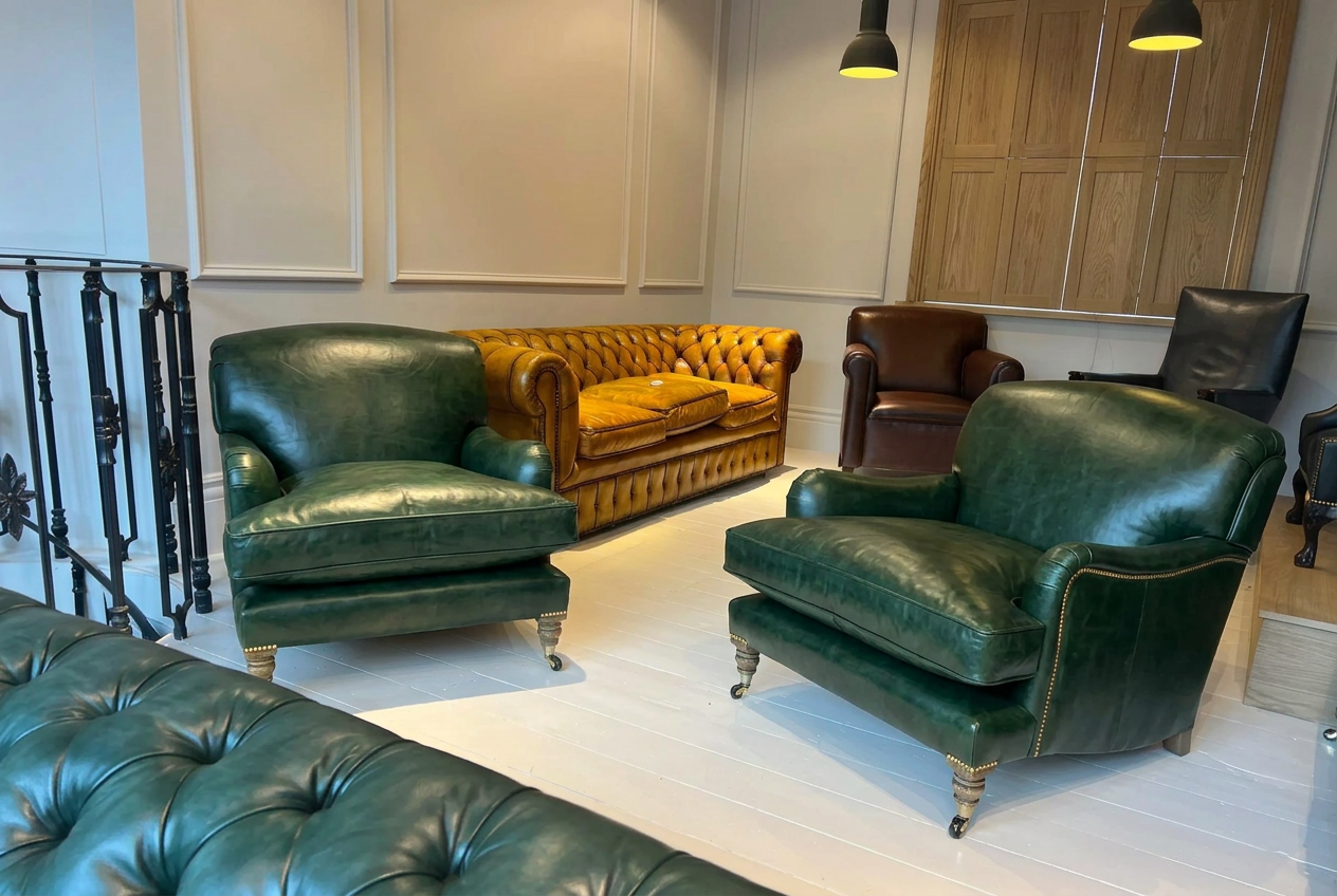 Our Matthew Armchair finished in Hand Dyed Terracotta Leather Robinson of England