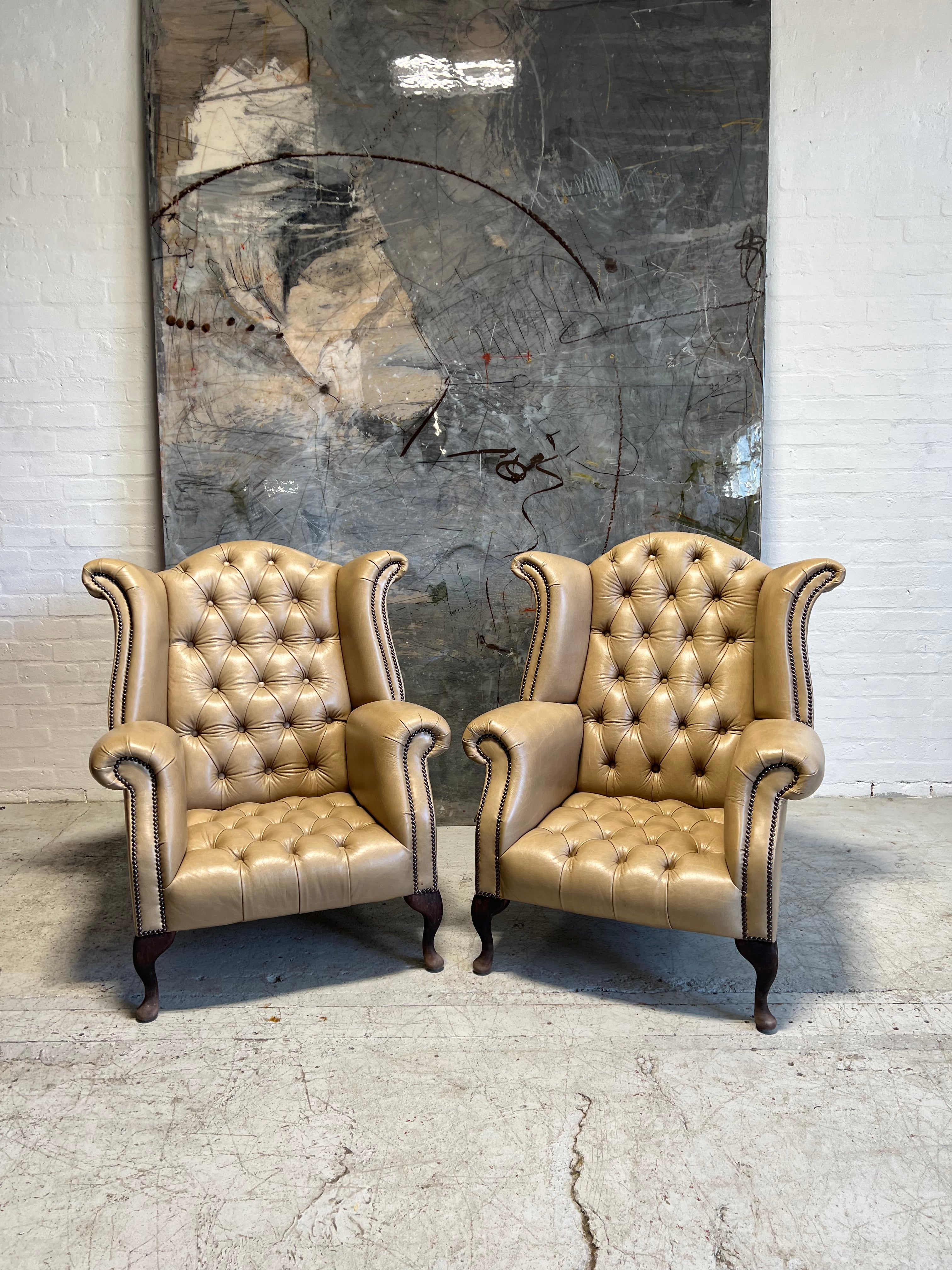 Very Smart Matching Pair of Leather Wing Chairs in Parchment