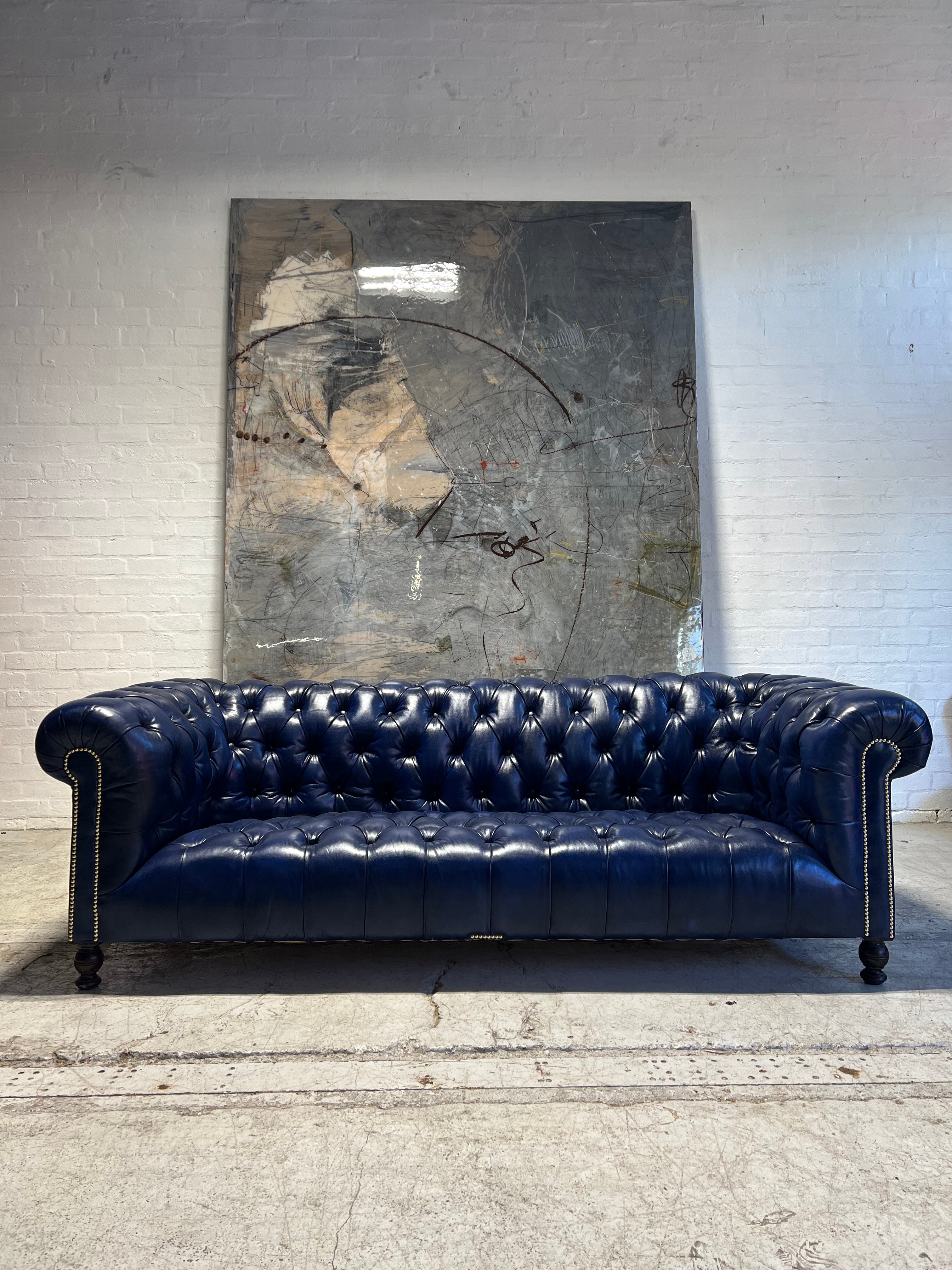 Excellent Antique 19thC Victorian Chesterfield Sofa - Fully Restored in our Hand Dyed Deep Ocean Leathers - 4 Seat