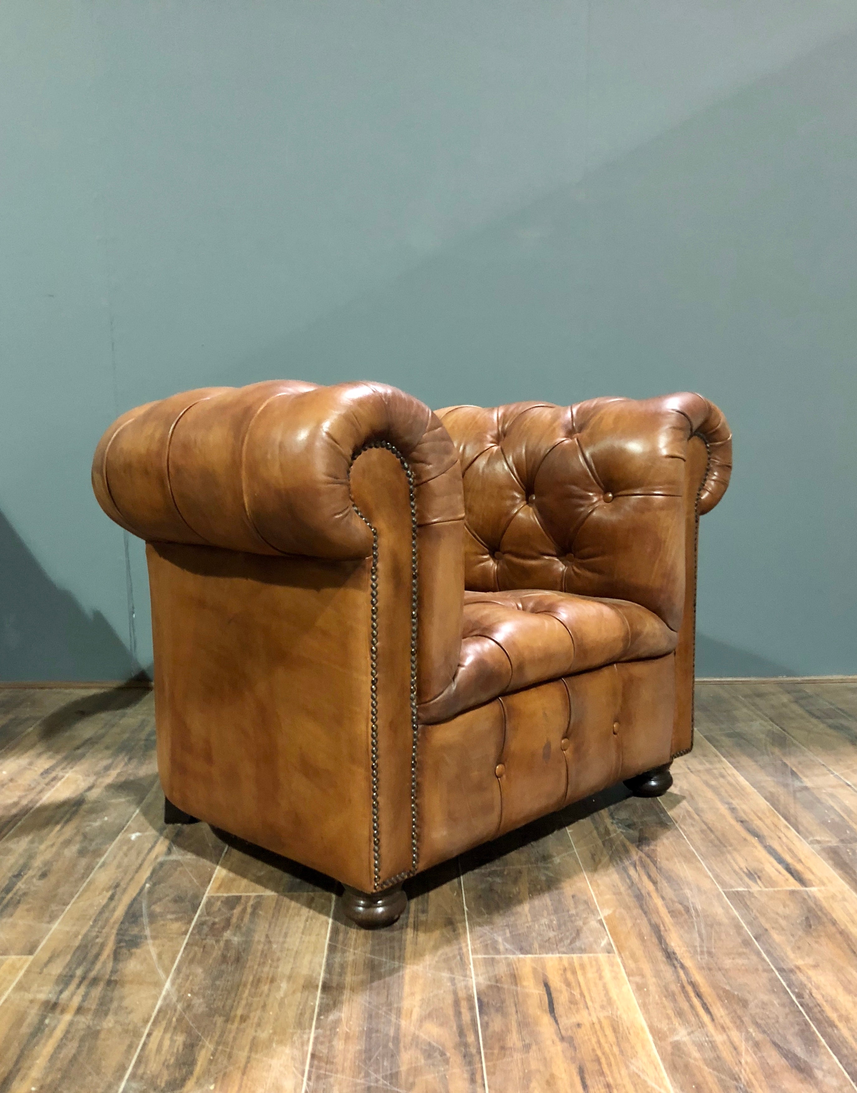 A Beautiful Early 20thC Restored Club Chair in Hand Dyed Saddle Tan