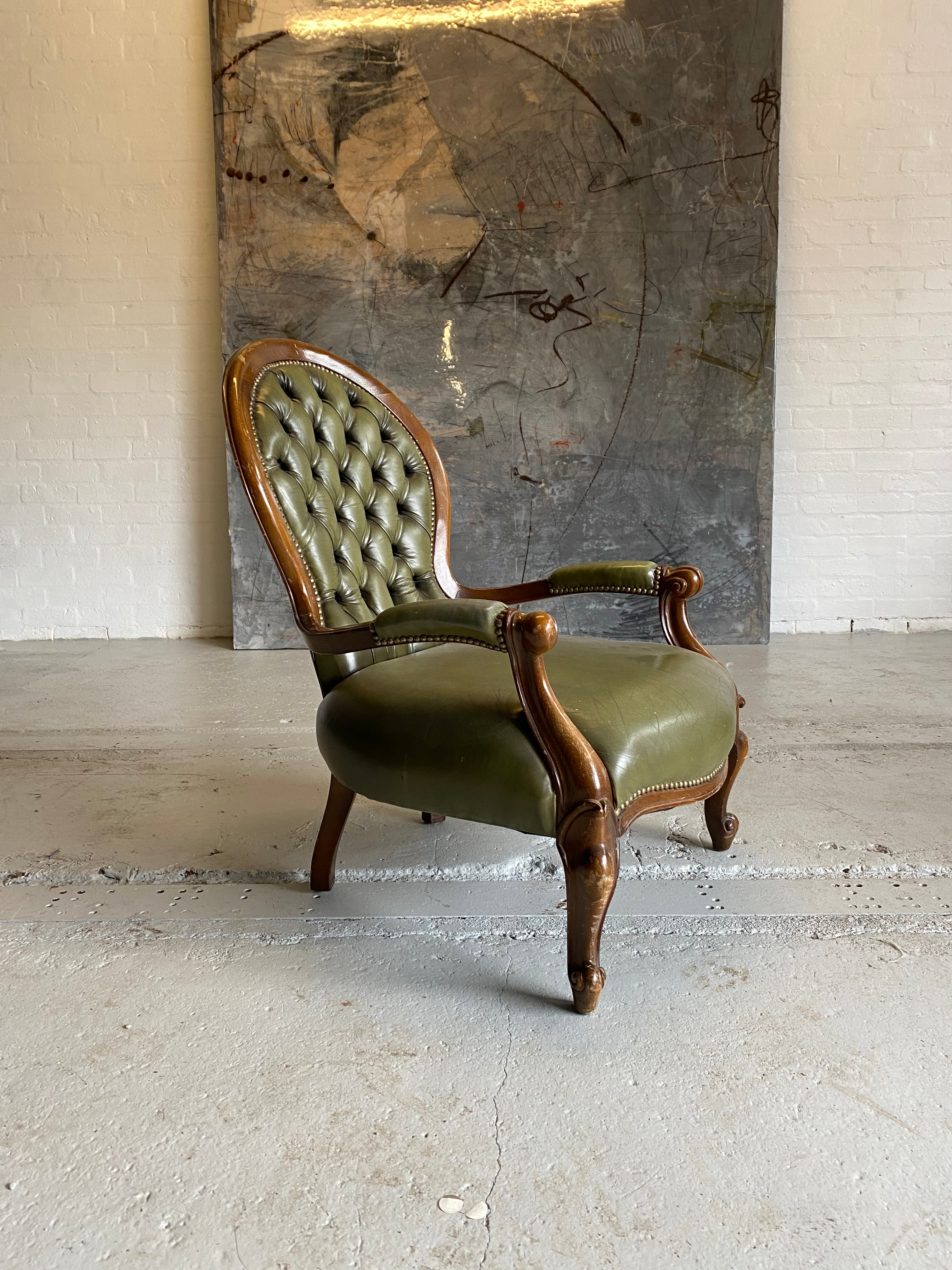 Lovely Carved Side Chair in Olive Green Leathers