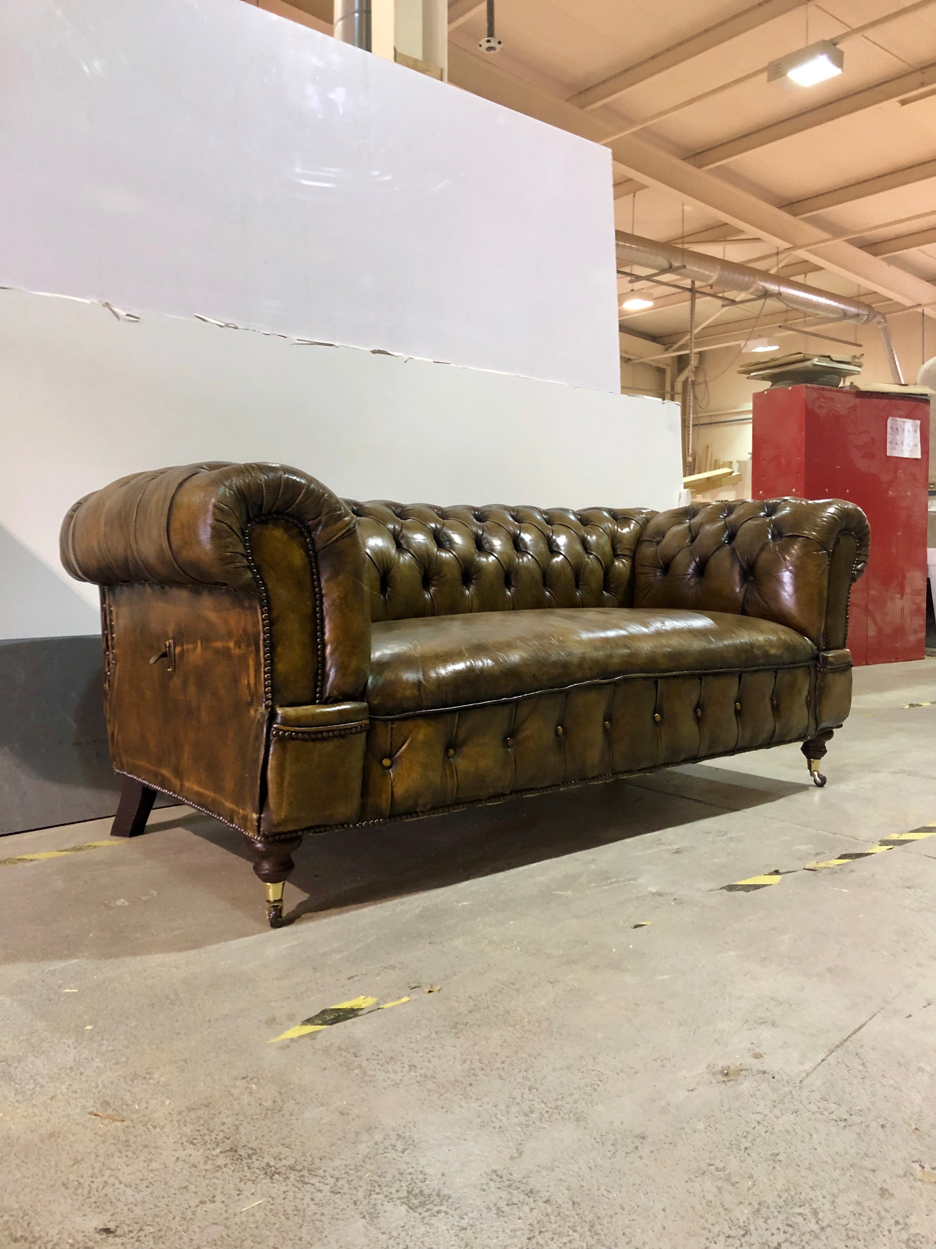 Double Drop Arm Antique Leather Sofa Circa 1900