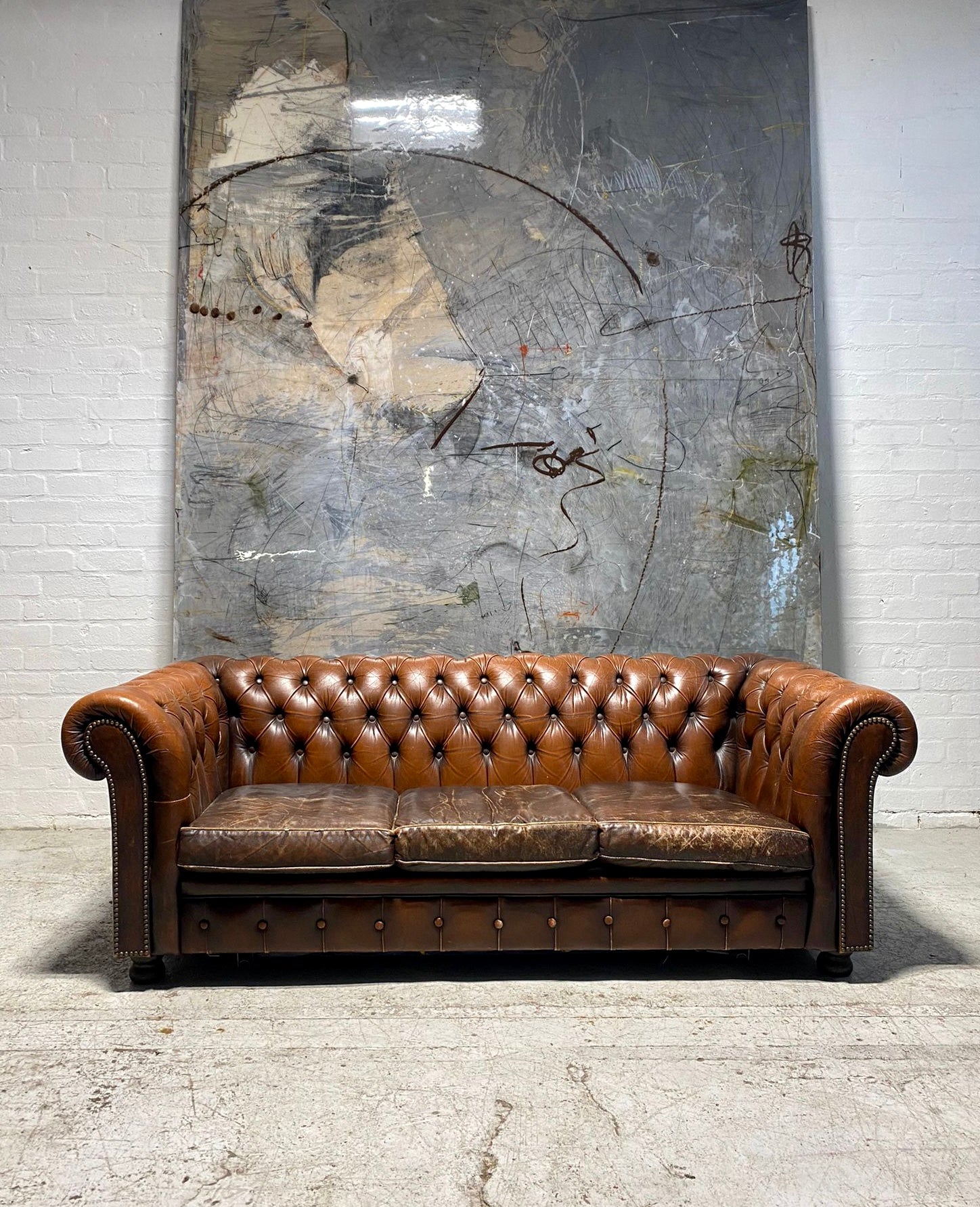 A Great Tan Brown Leather Chesterfield Sofa Bed