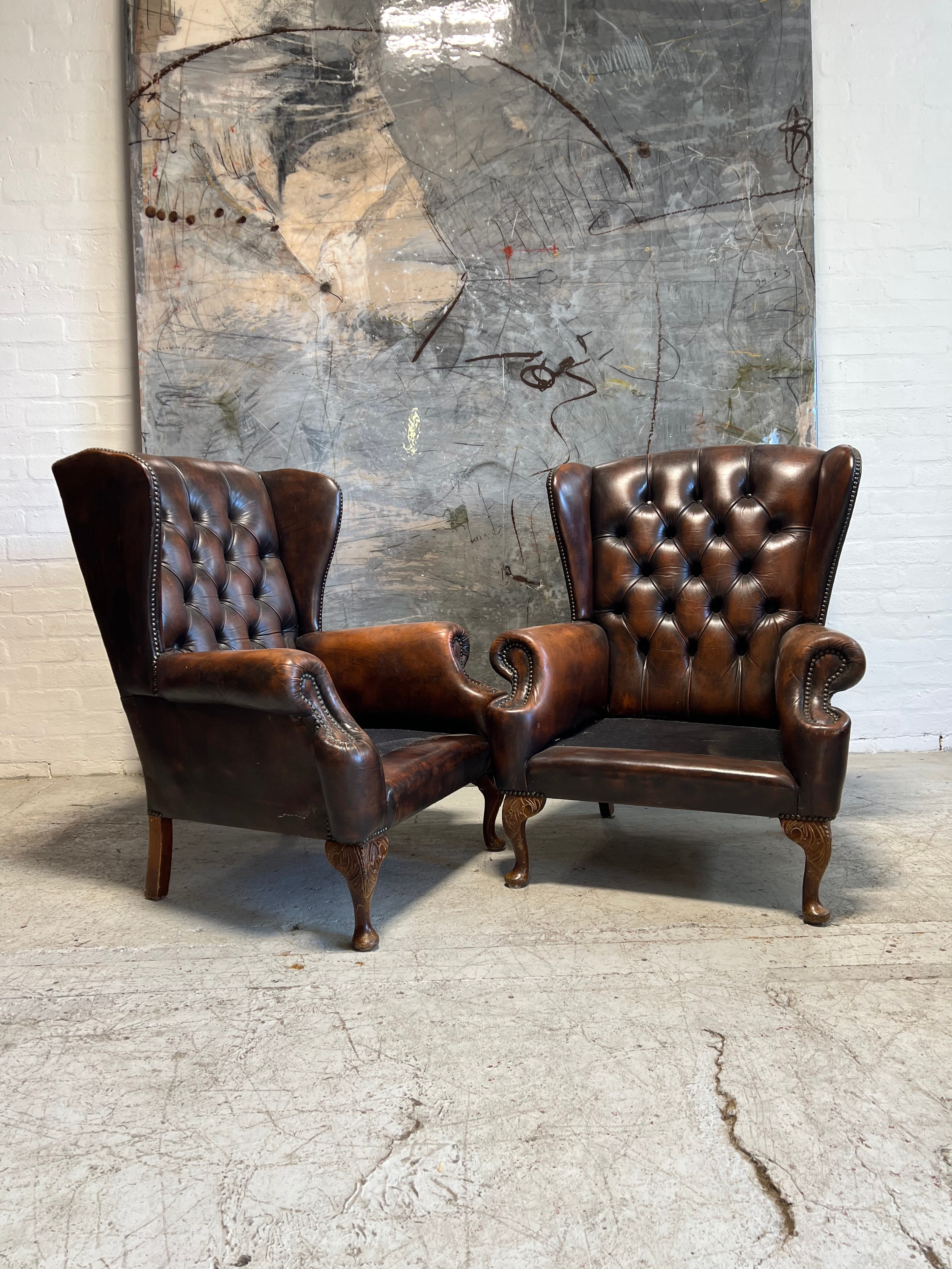 Beautiful Matching Pair of Chesterfield Wing Back Chairs