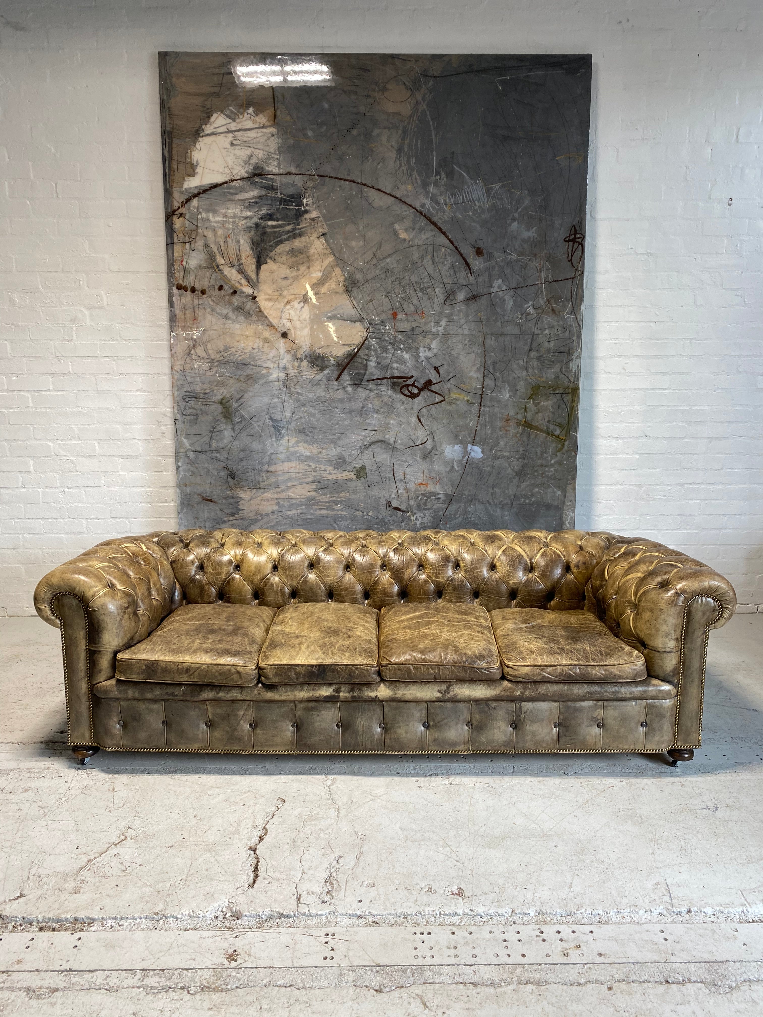 Huge Exceptional MidC Chesterfield Sofa in Walnut Husk Hand Dyed Leathers