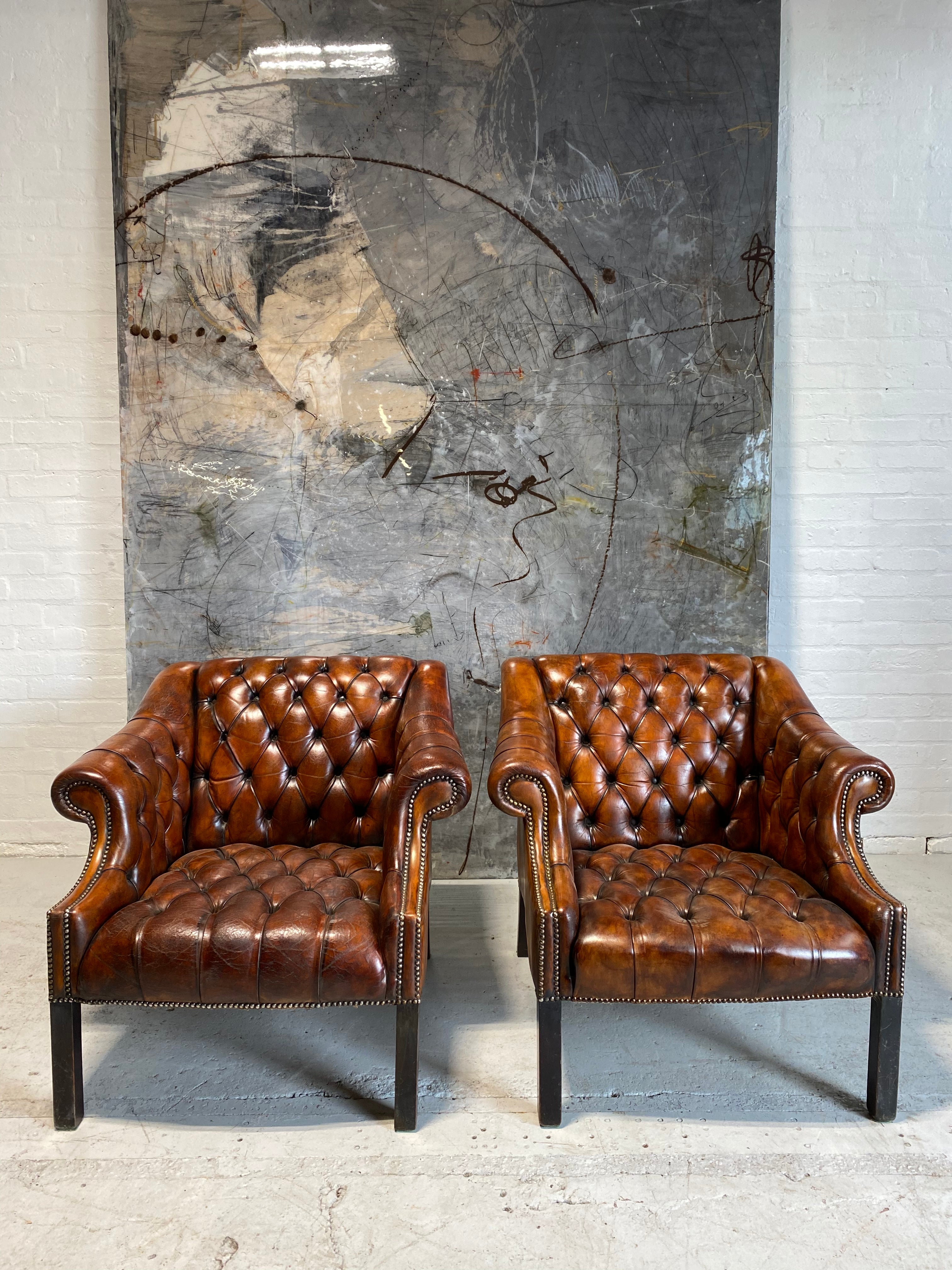 Beautiful Pair of MidC Library Chairs in Rustic Horse Chestnut Hand Dyed Leathers