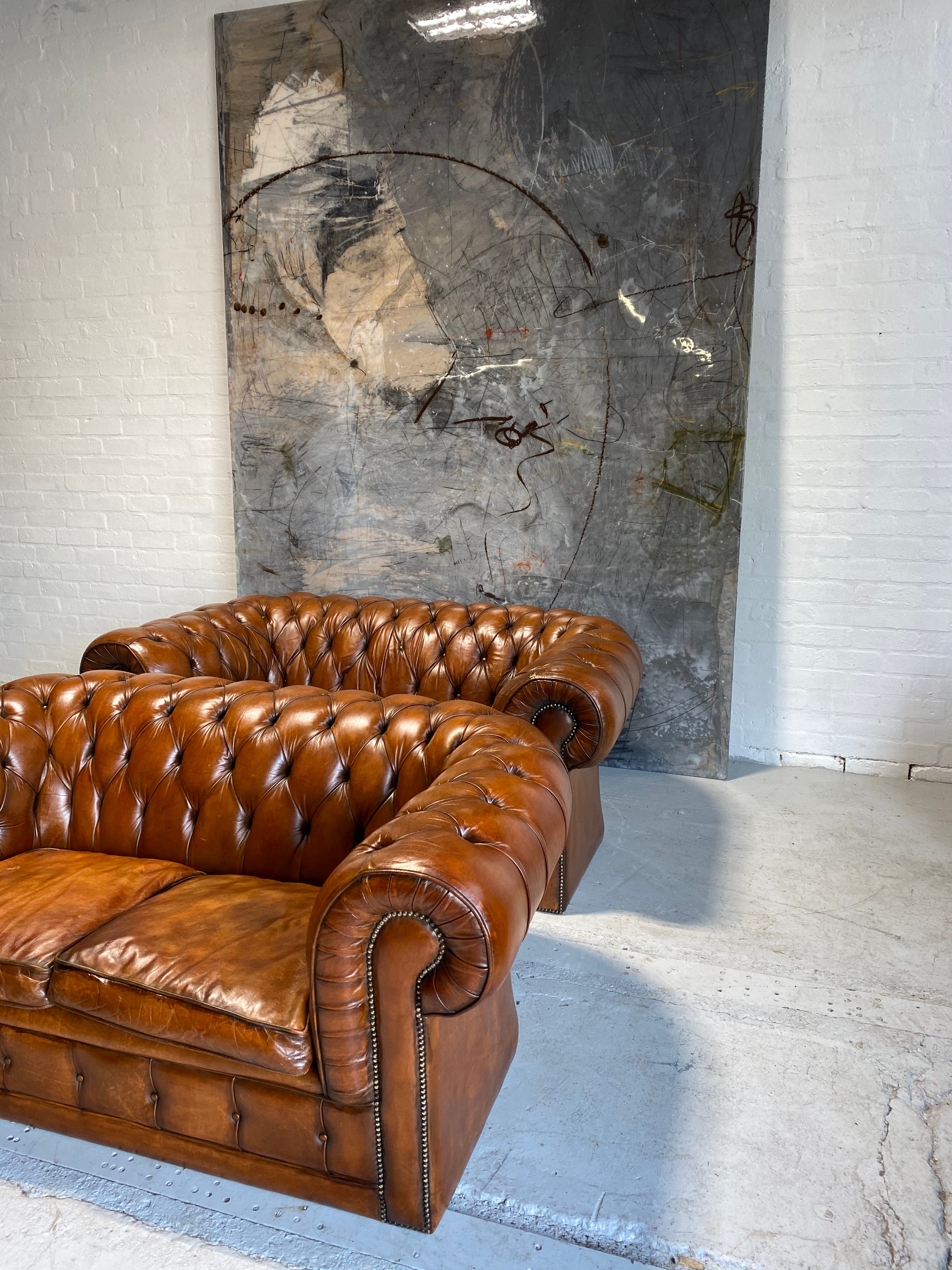 For our Cat Loving Clients A Strong Matching Pair of Good Vintage Leather Chesterfield Sofas