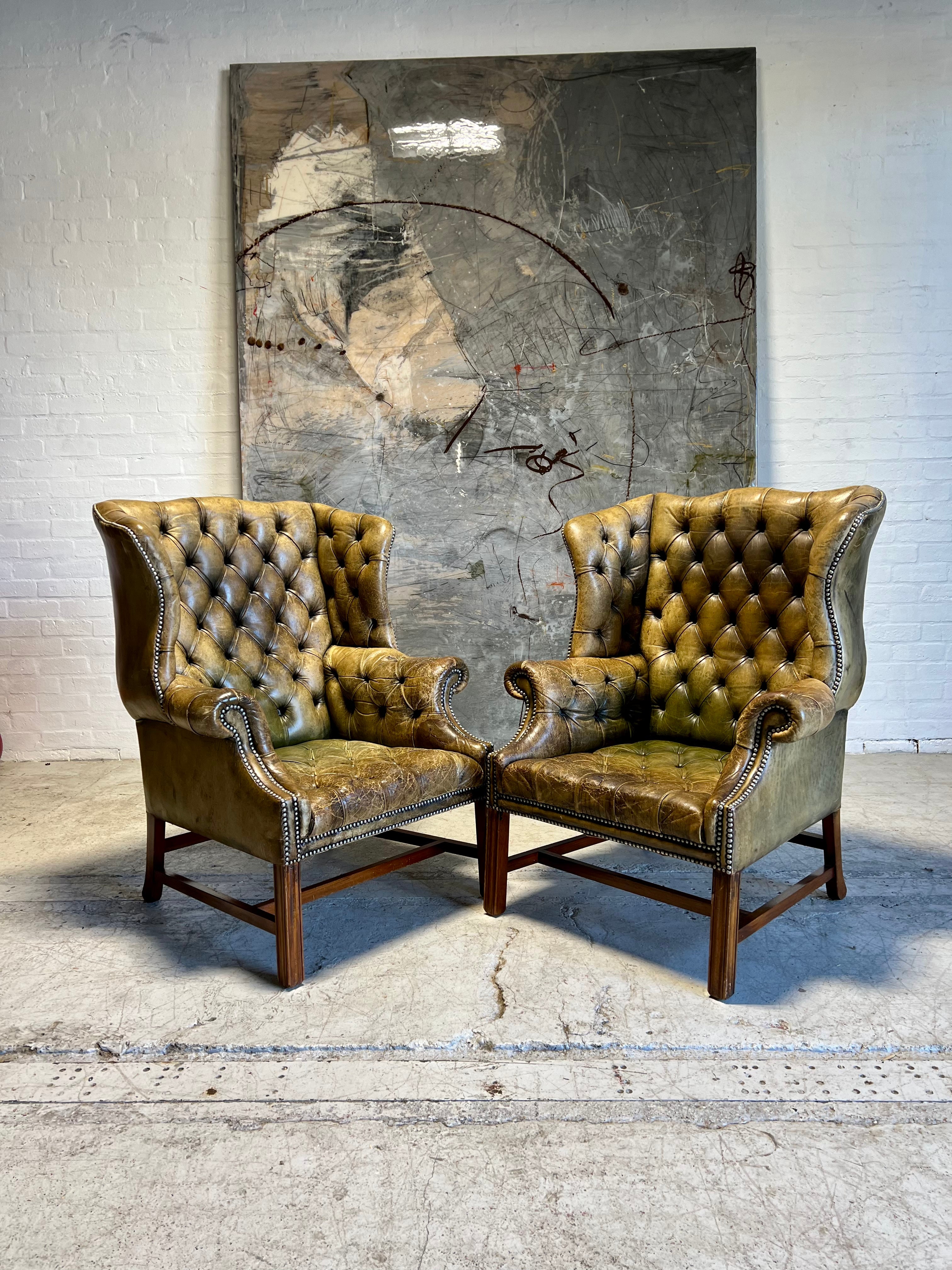 Amazing MidC Vintage Hand Dyed Leather Chesterfield Wing Back Chairs