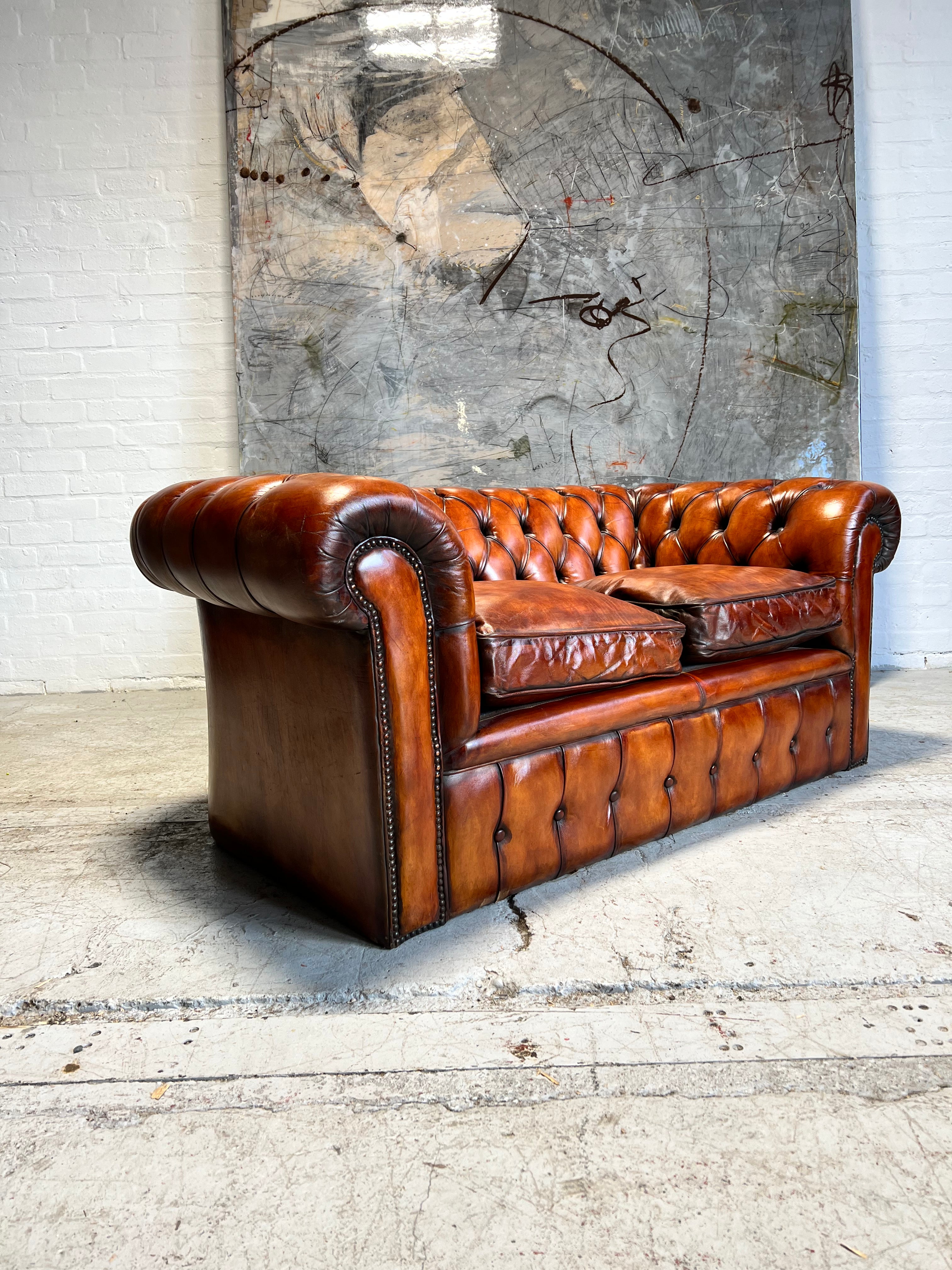 A Beautiful MidC 2 Seat Chesterfield Sofa in Hand Dyed Tans