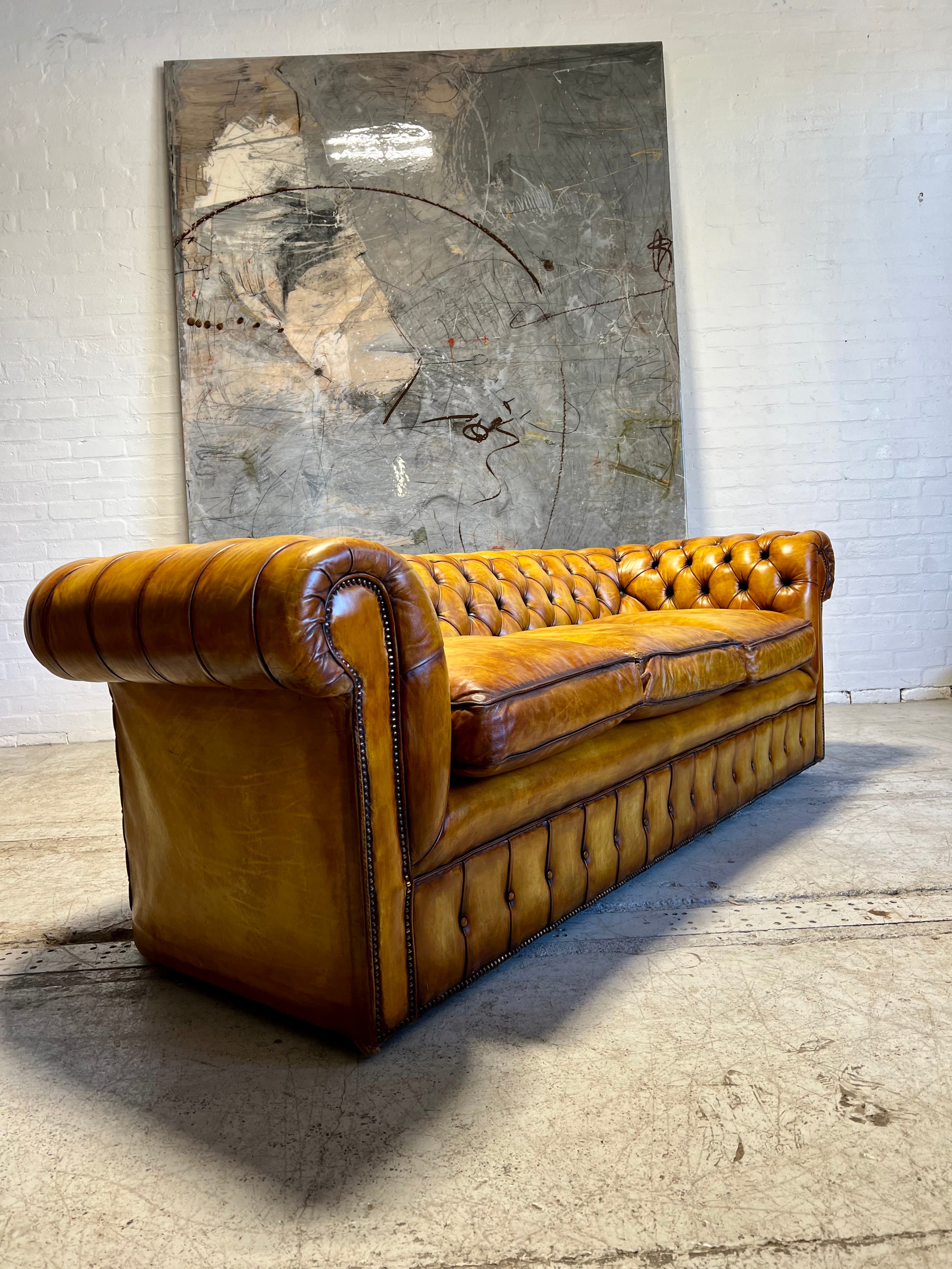 An Exceptional Autumn Gold Hand Dyed Leather Chesterfield Sofa 240cm