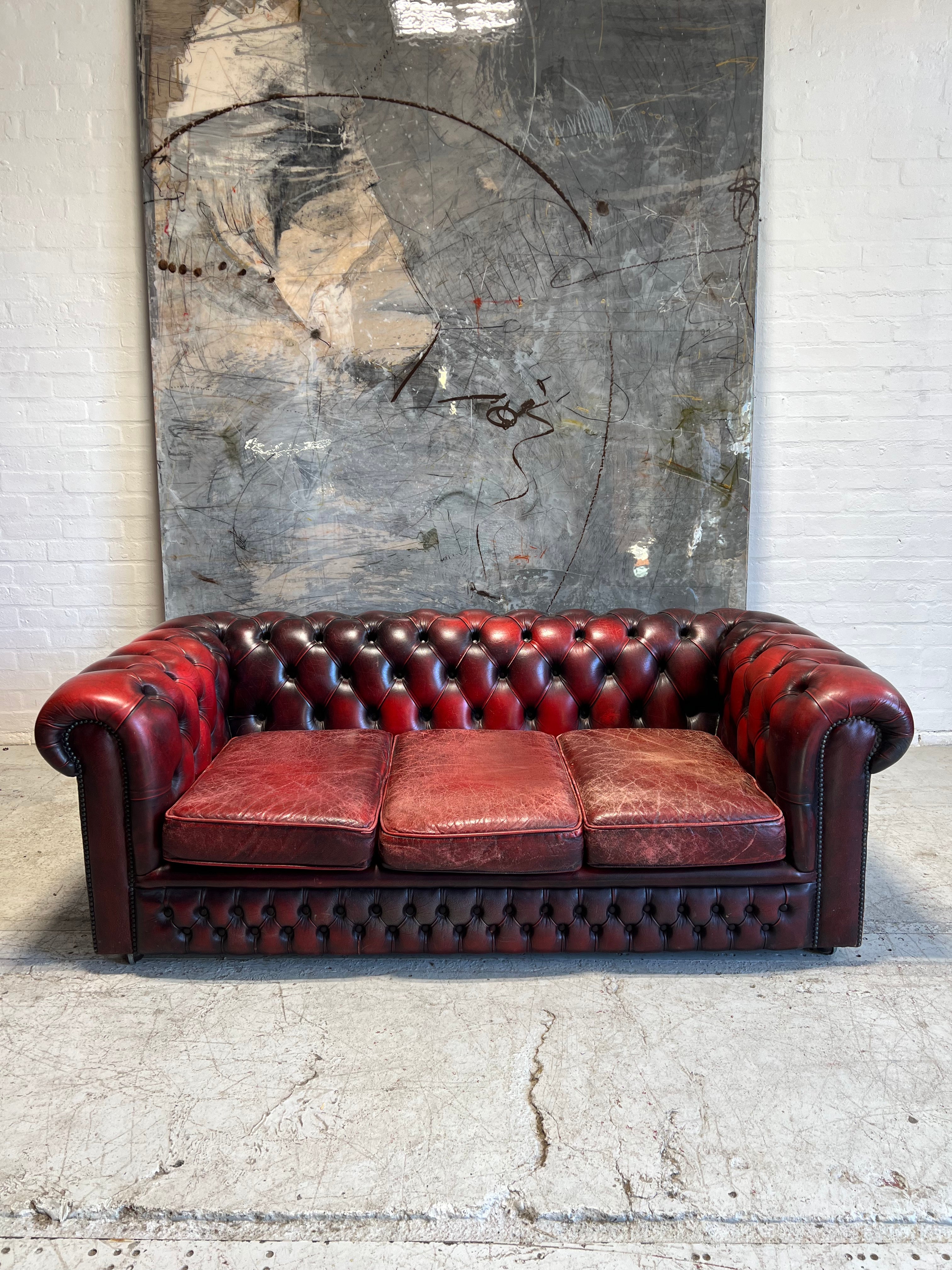 A Really Great Rustic Wine 3 Seat Leather Chesterfield Sofa