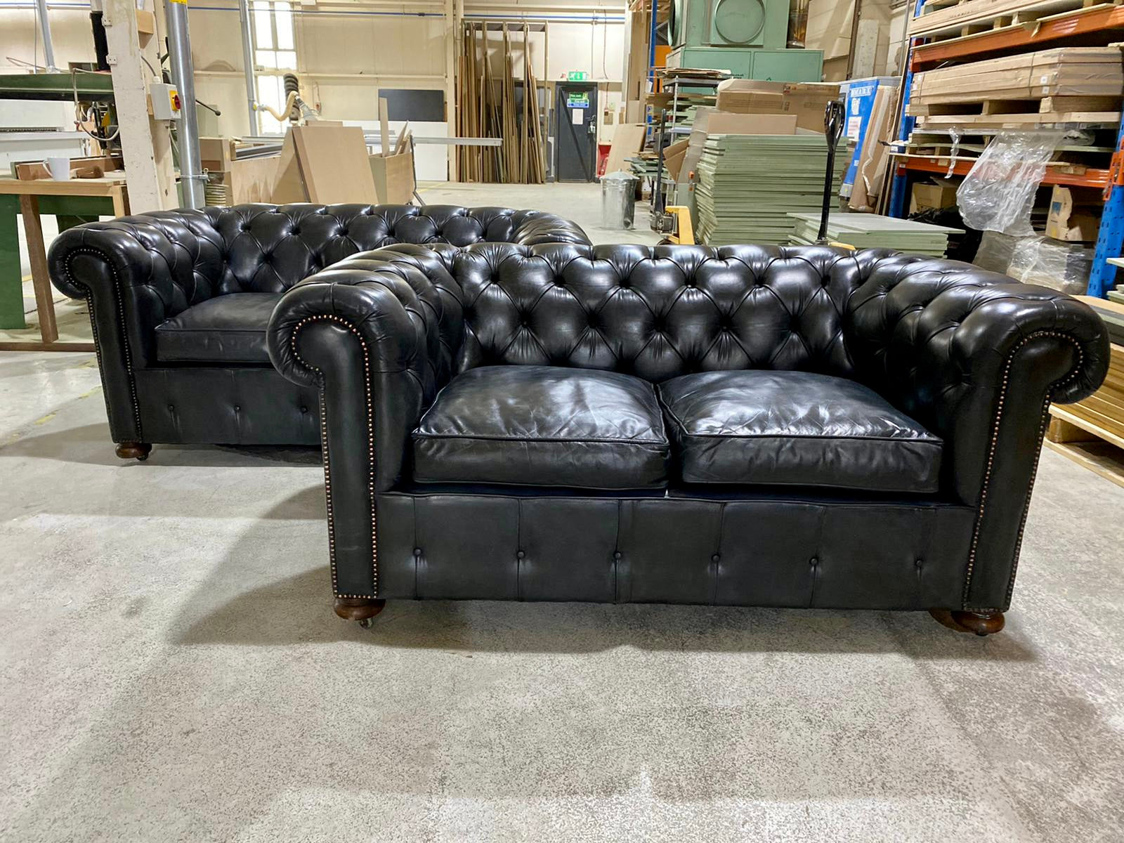 One of An Incredible Pair of MidC Hand Dyed Leather Chesterfield Sofas