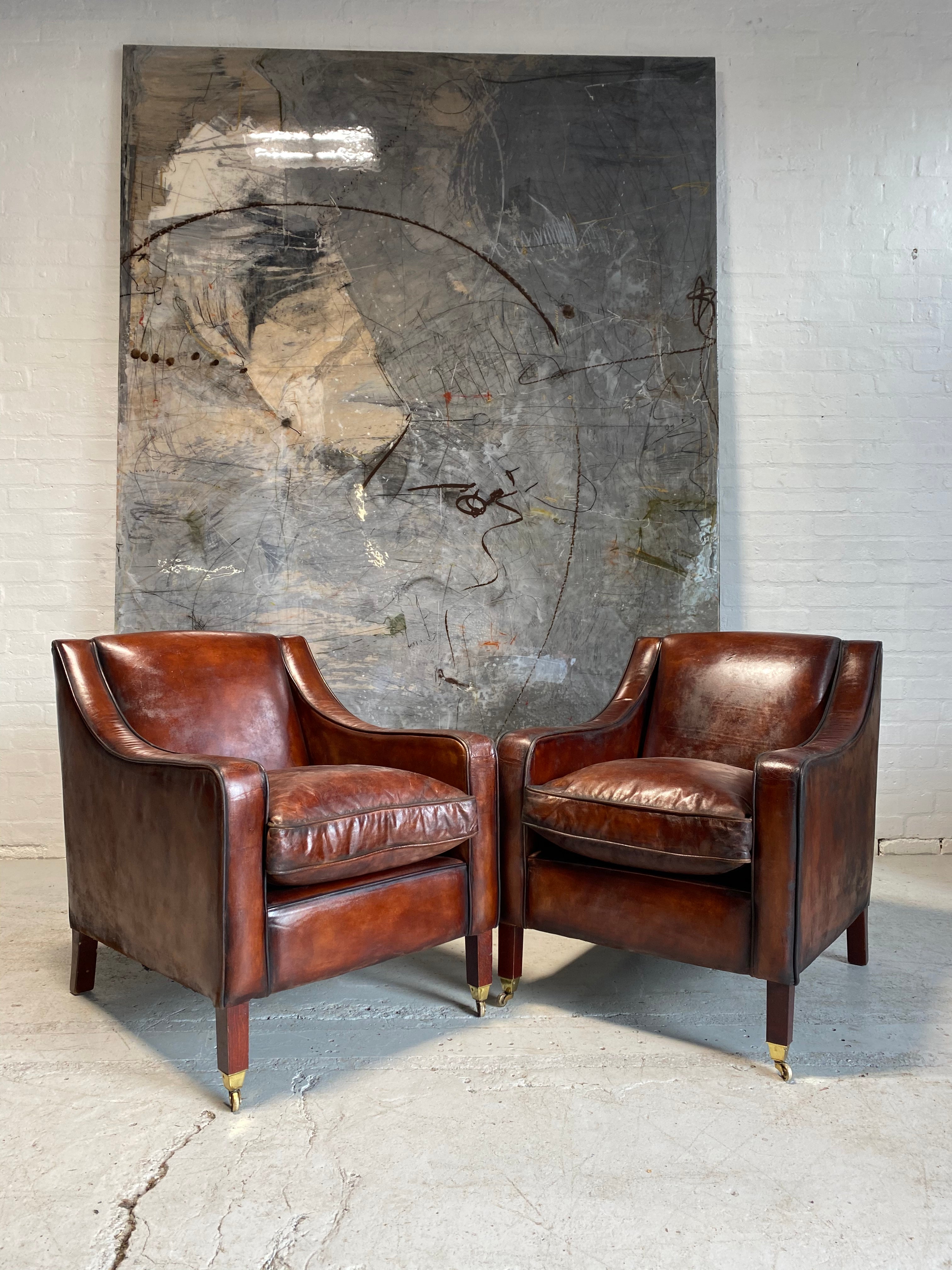 A Cool Pair of Armchairs in Hand Dyed Cognac Leathers