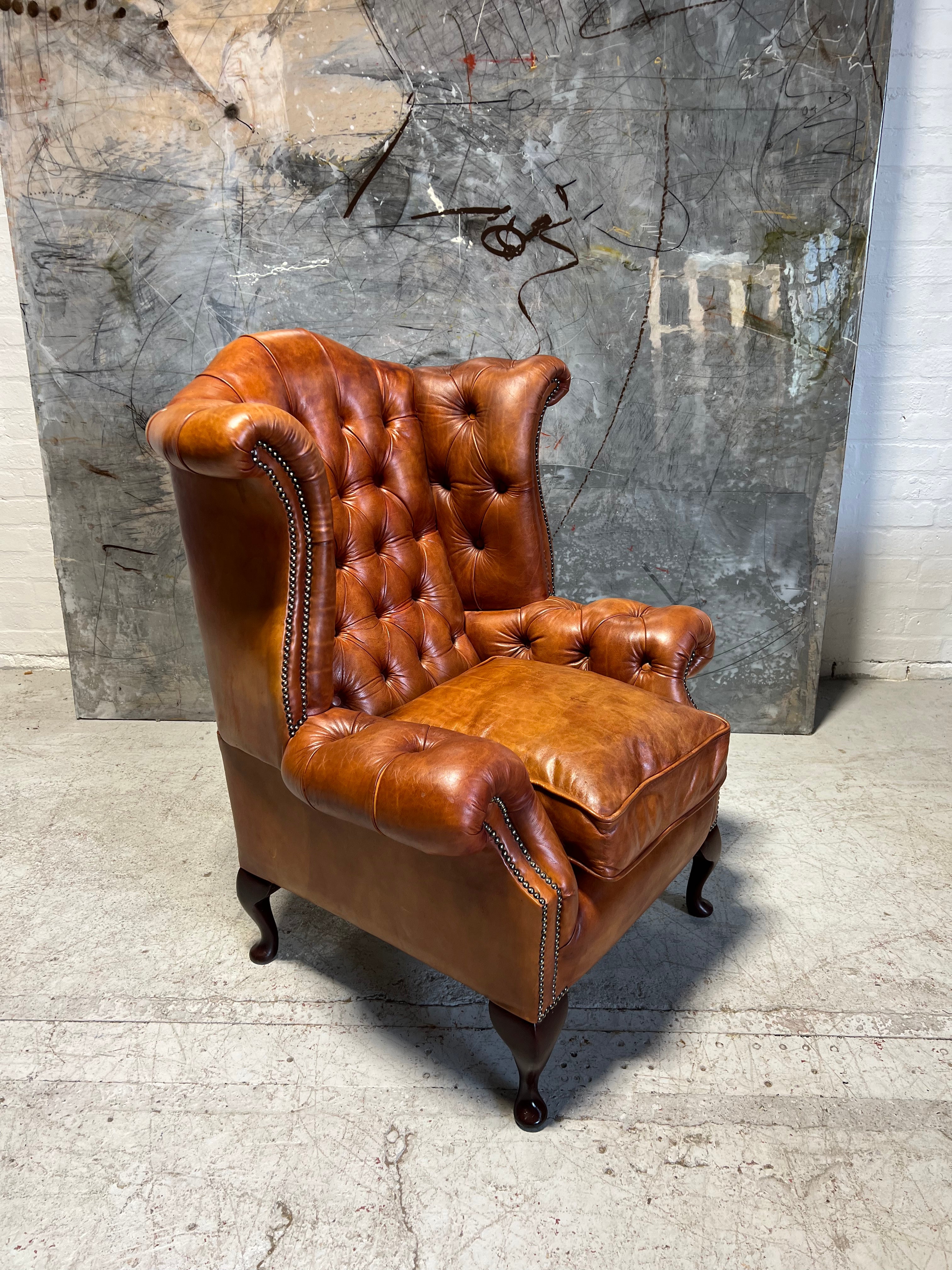 Beautifully Restored Gentleman’s Hand Dyed Leather Chesterfield Wing Back Chair