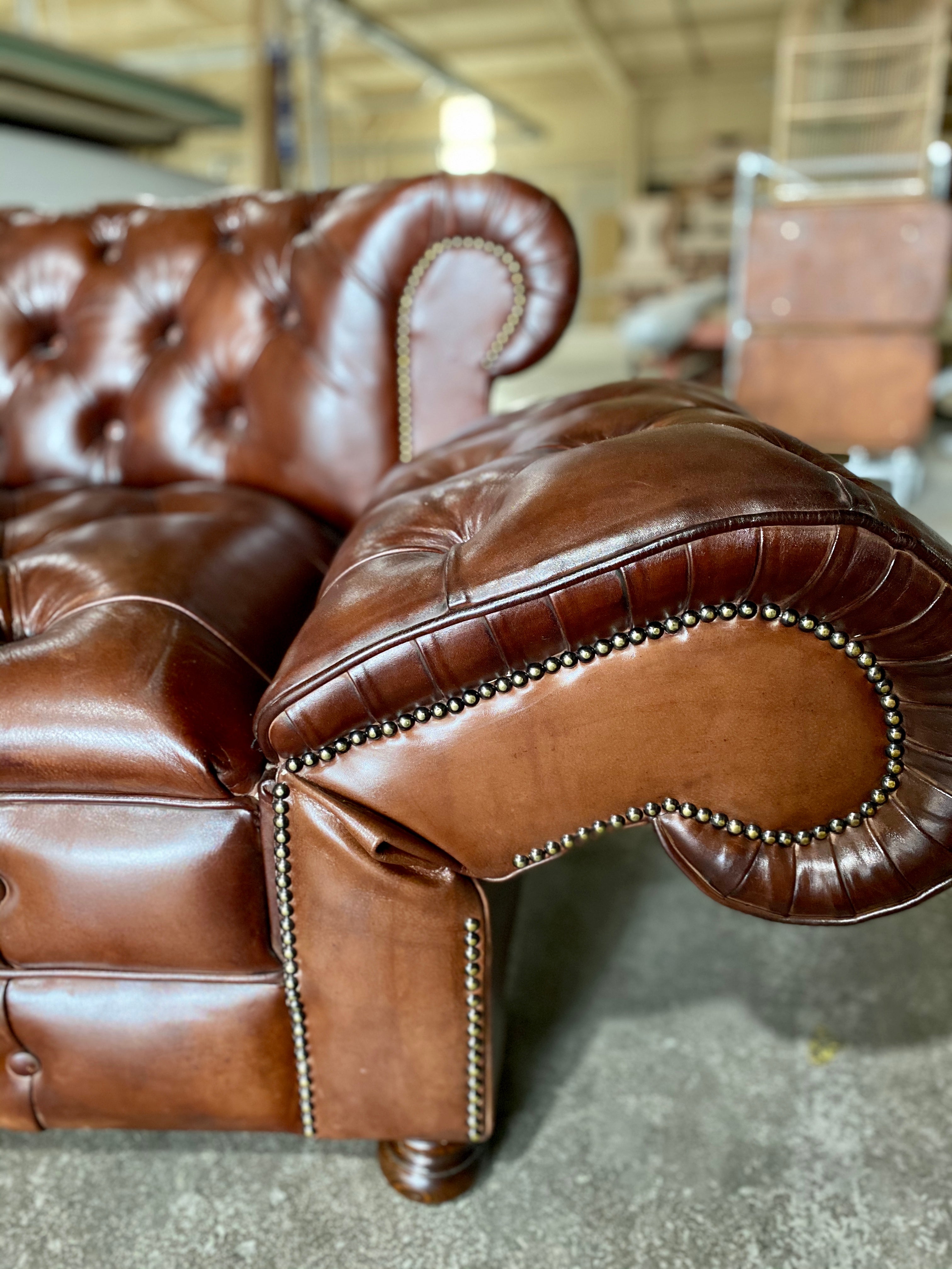 A Perfectly Restored Drop Arm MidC Chesterfield in Hand Dyed Warm Browns