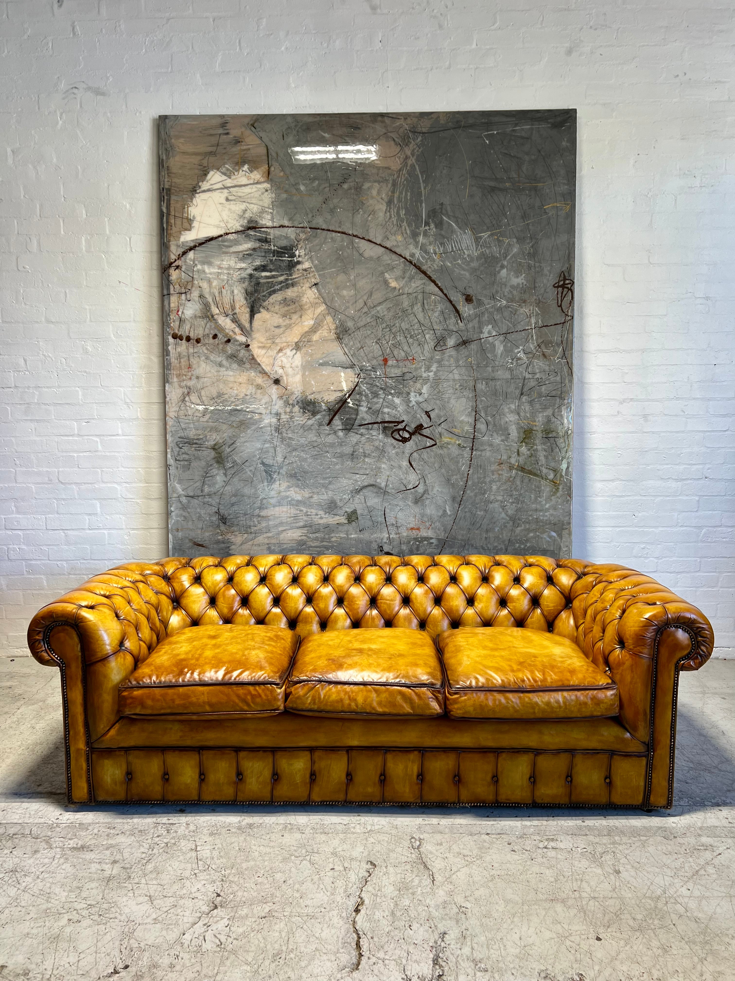 An Exceptional Autumn Gold Hand Dyed Leather Chesterfield Sofa 240cm