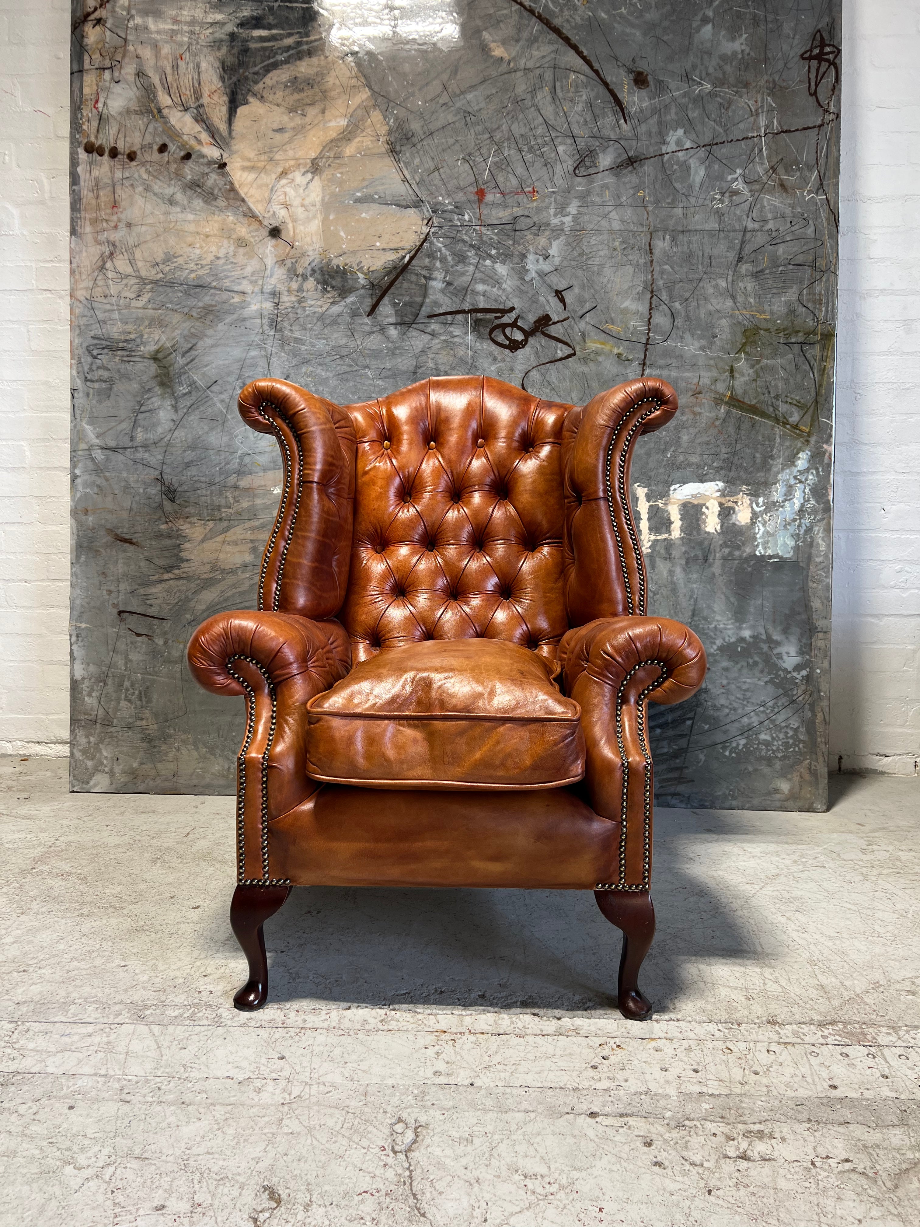 Beautifully Restored Gentleman’s Hand Dyed Leather Chesterfield Wing Back Chair