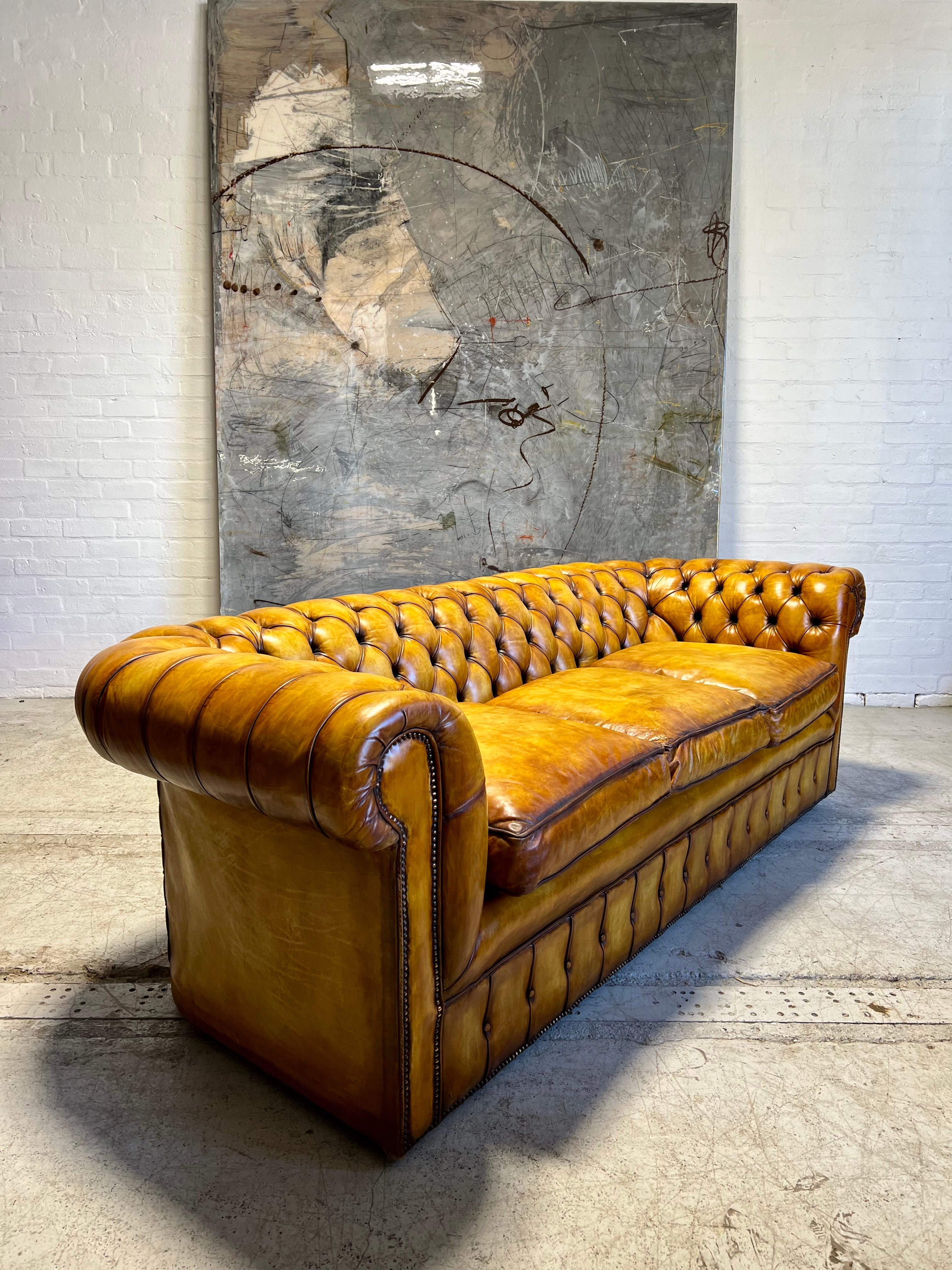 An Exceptional Autumn Gold Hand Dyed Leather Chesterfield Sofa 240cm