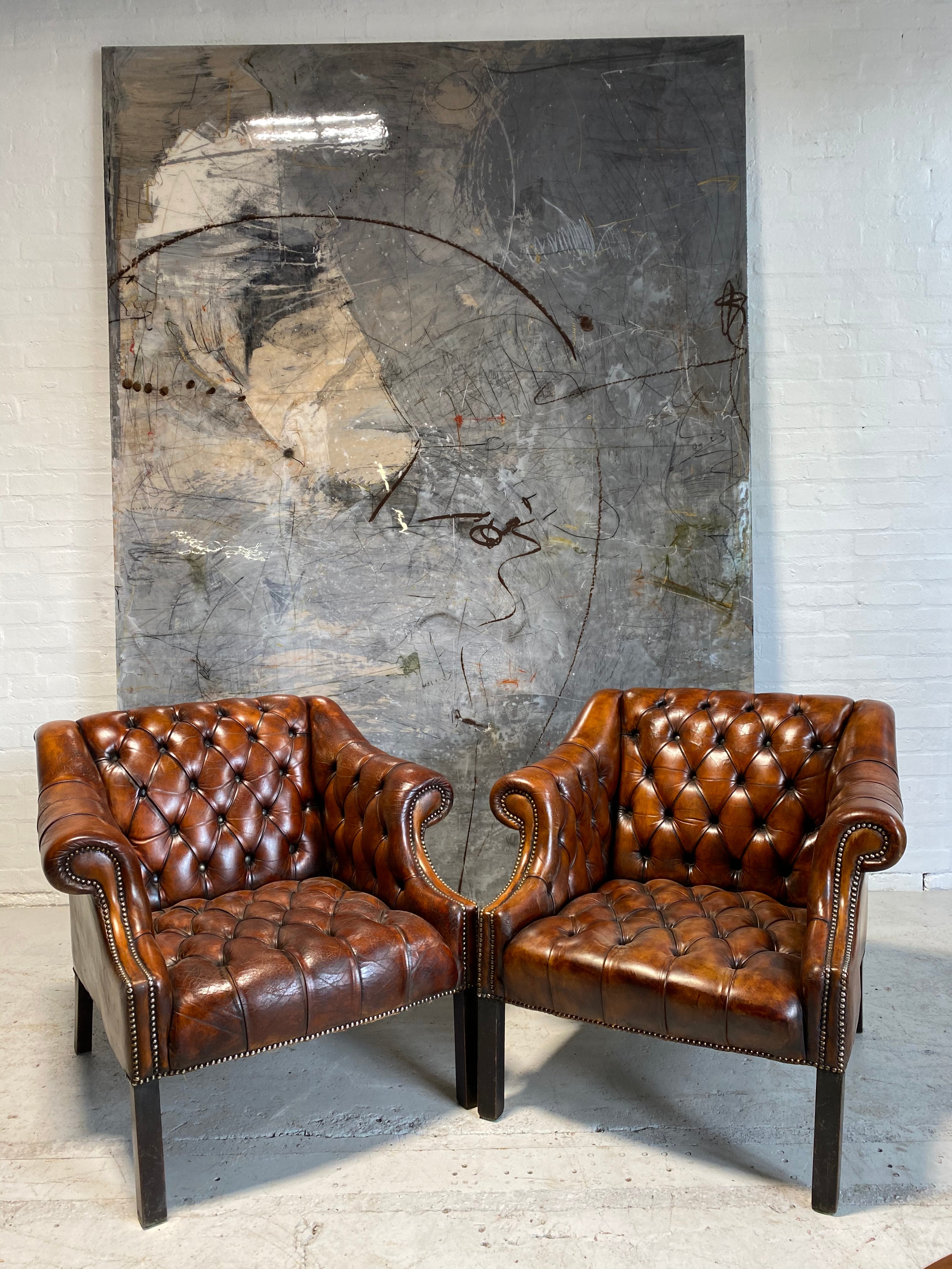 Beautiful Pair of MidC Library Chairs in Rustic Horse Chestnut Hand Dyed Leathers