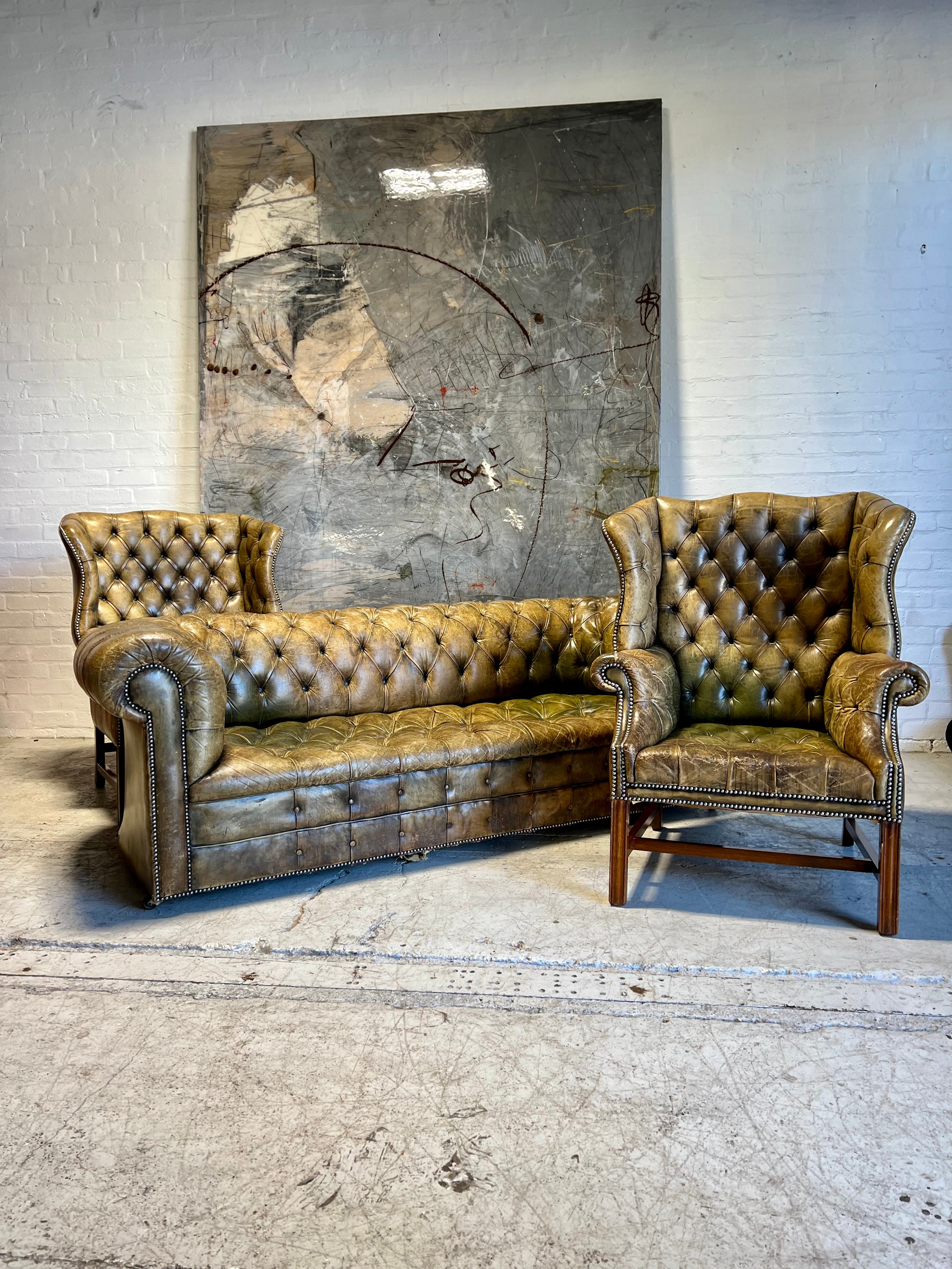 Amazing MidC Vintage Hand Dyed Leather Chesterfield Wing Back Chairs