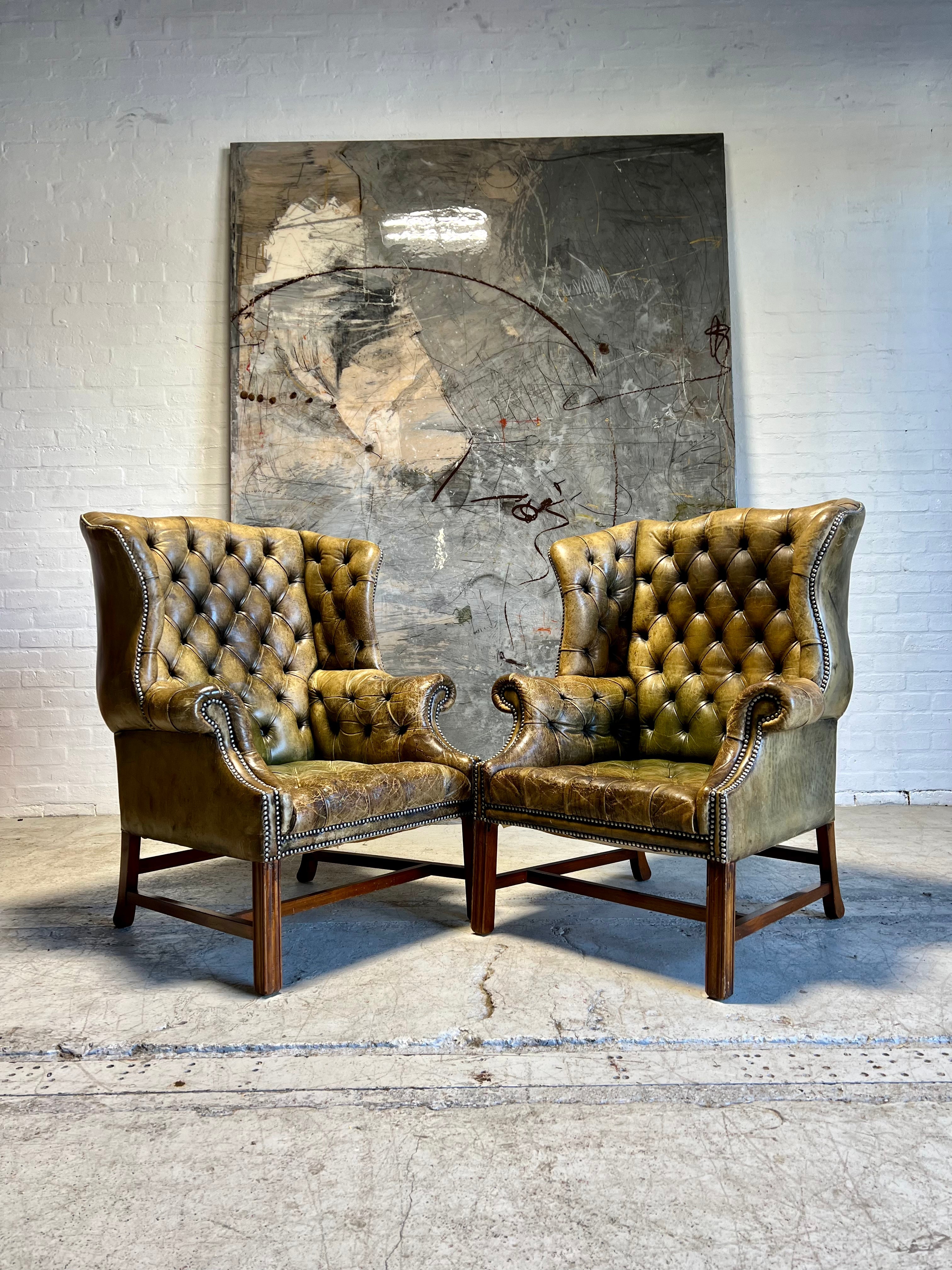 Amazing MidC Vintage Hand Dyed Leather Chesterfield Wing Back Chairs