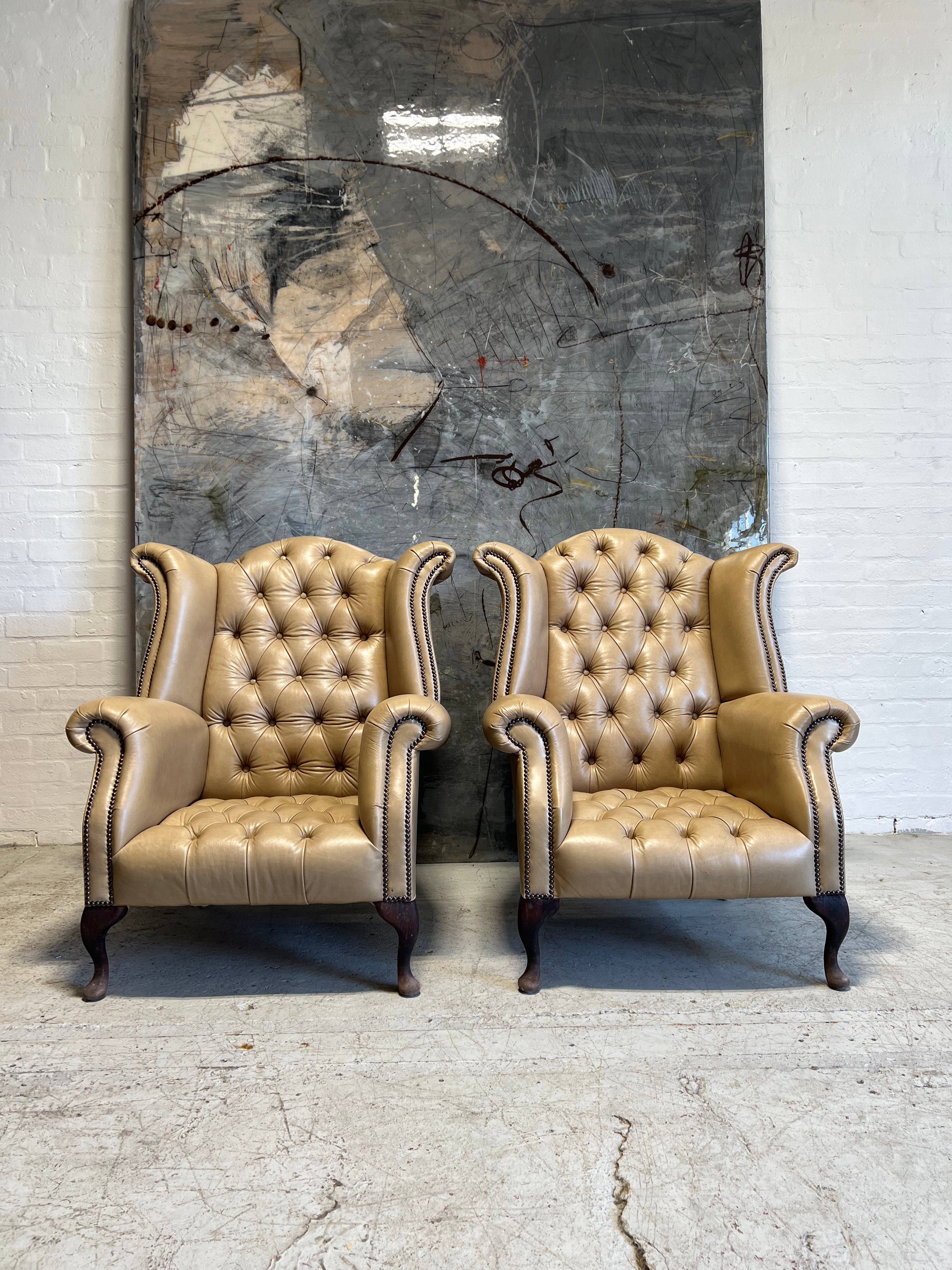 Very Smart Matching Pair of Leather Wing Chairs in Parchment