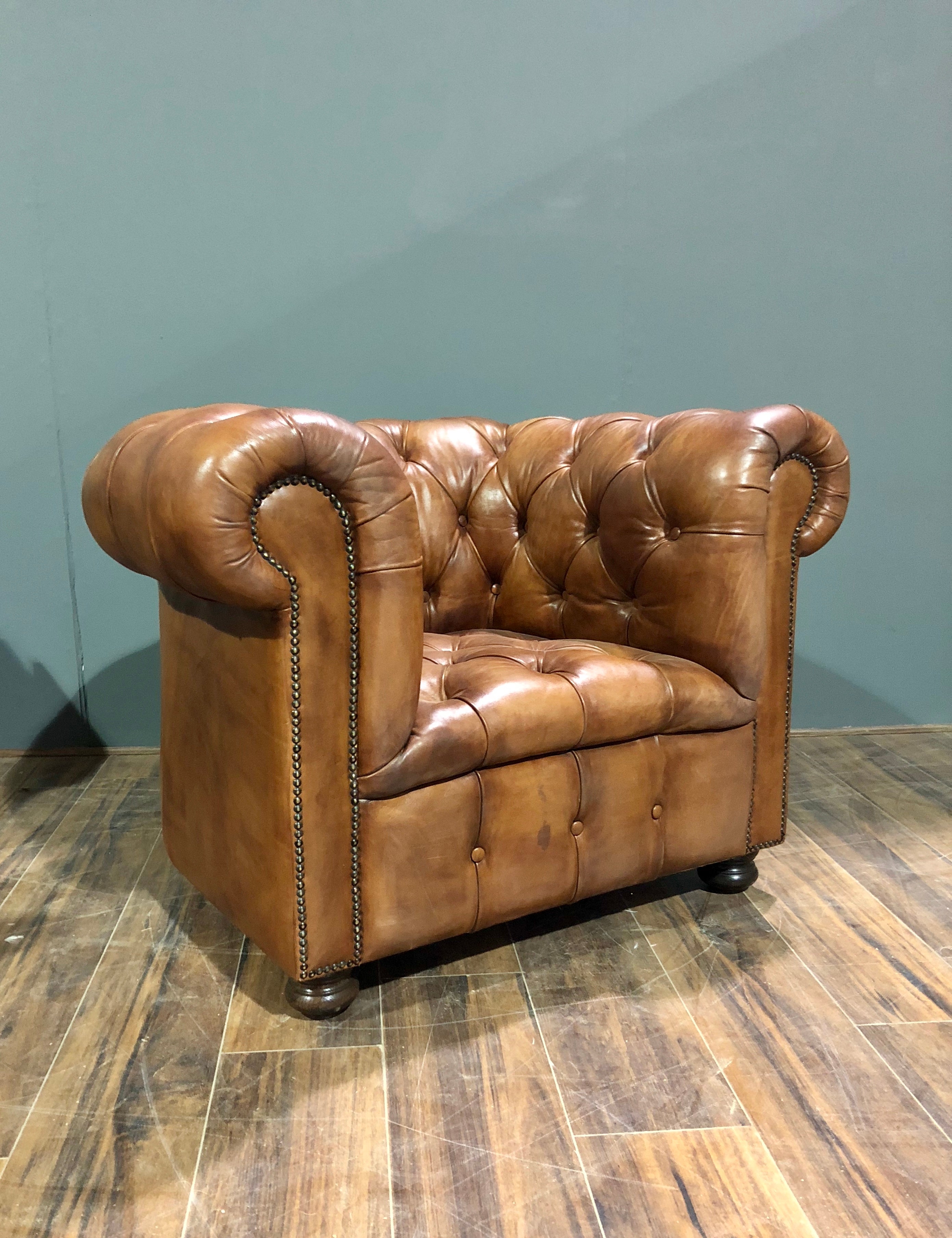 A Beautiful Early 20thC Restored Club Chair in Hand Dyed Saddle Tan