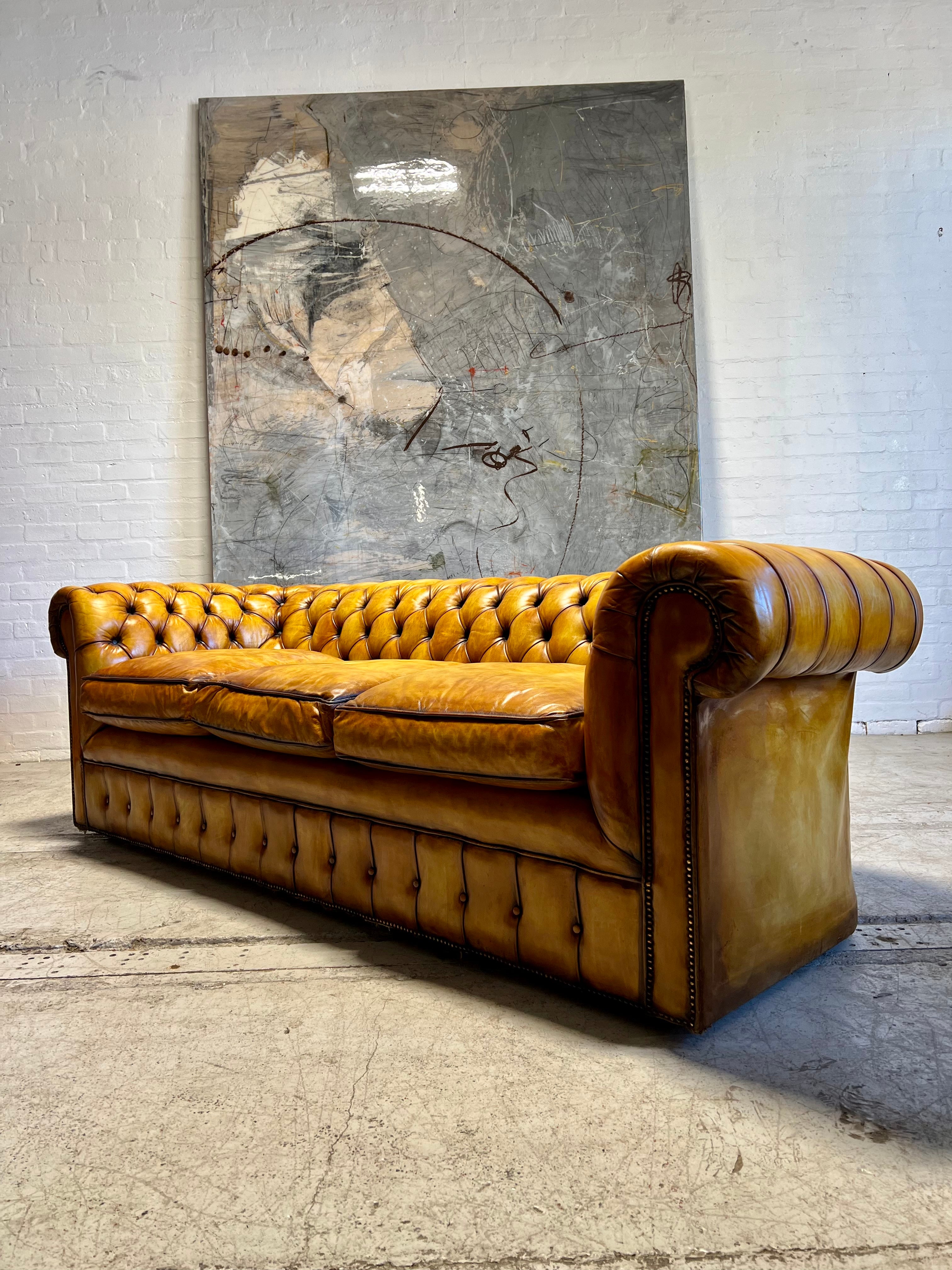 An Exceptional Autumn Gold Hand Dyed Leather Chesterfield Sofa 240cm