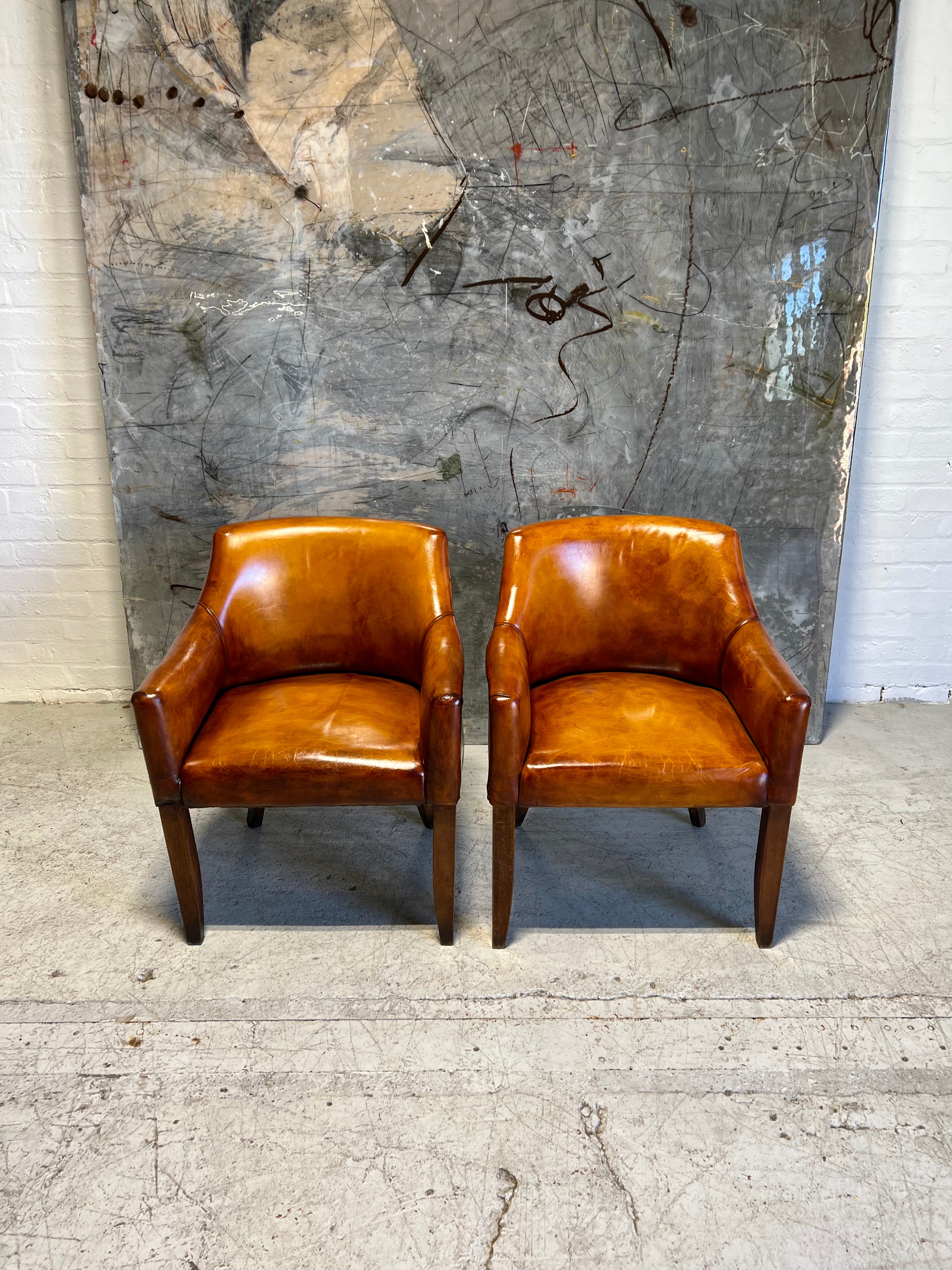 A Very Smart Matching Pair of Library Armchairs in Hand Dyed Leathers