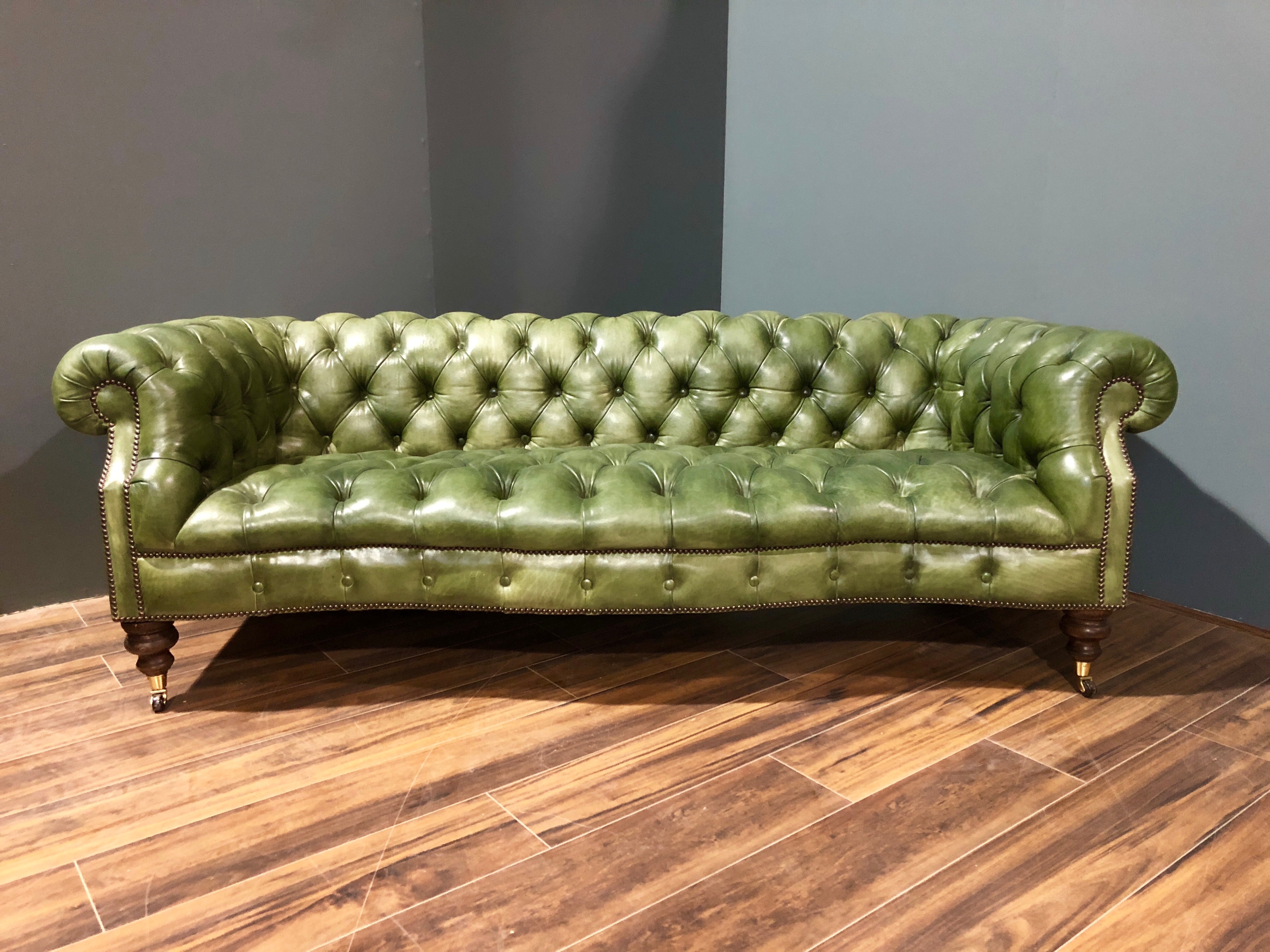 A Fine Pair of our Maria Chesterfield Sofas in Hand Dyed Grass Green