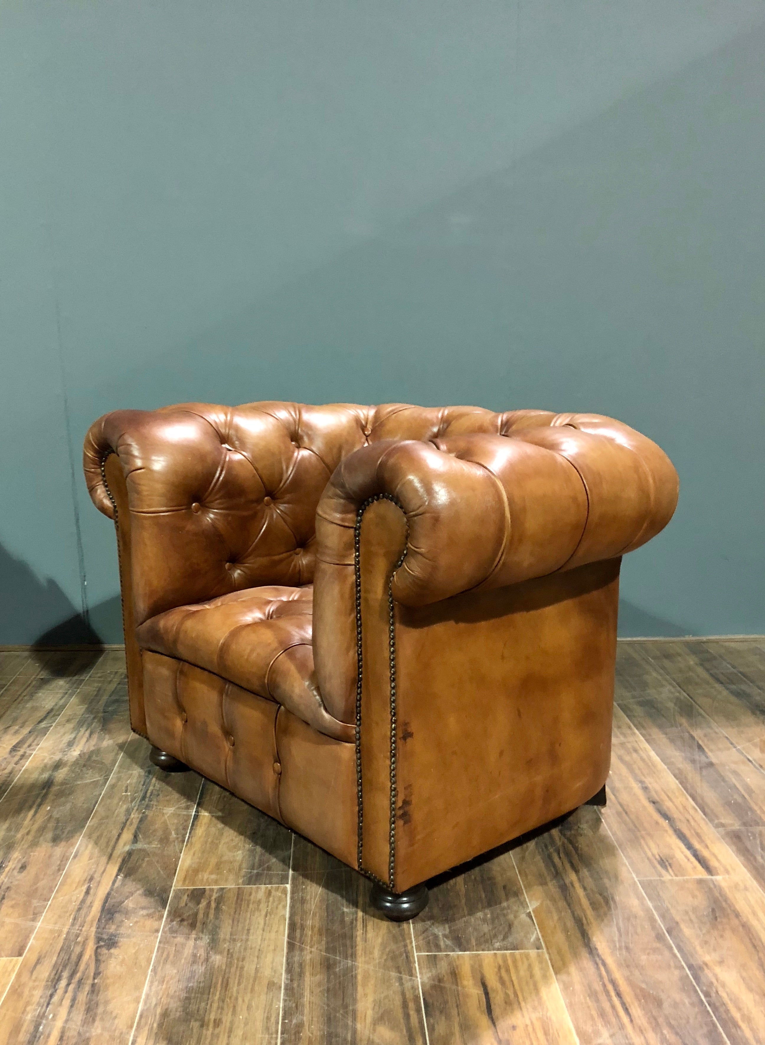 A Beautiful Early 20thC Restored Club Chair in Hand Dyed Saddle Tan