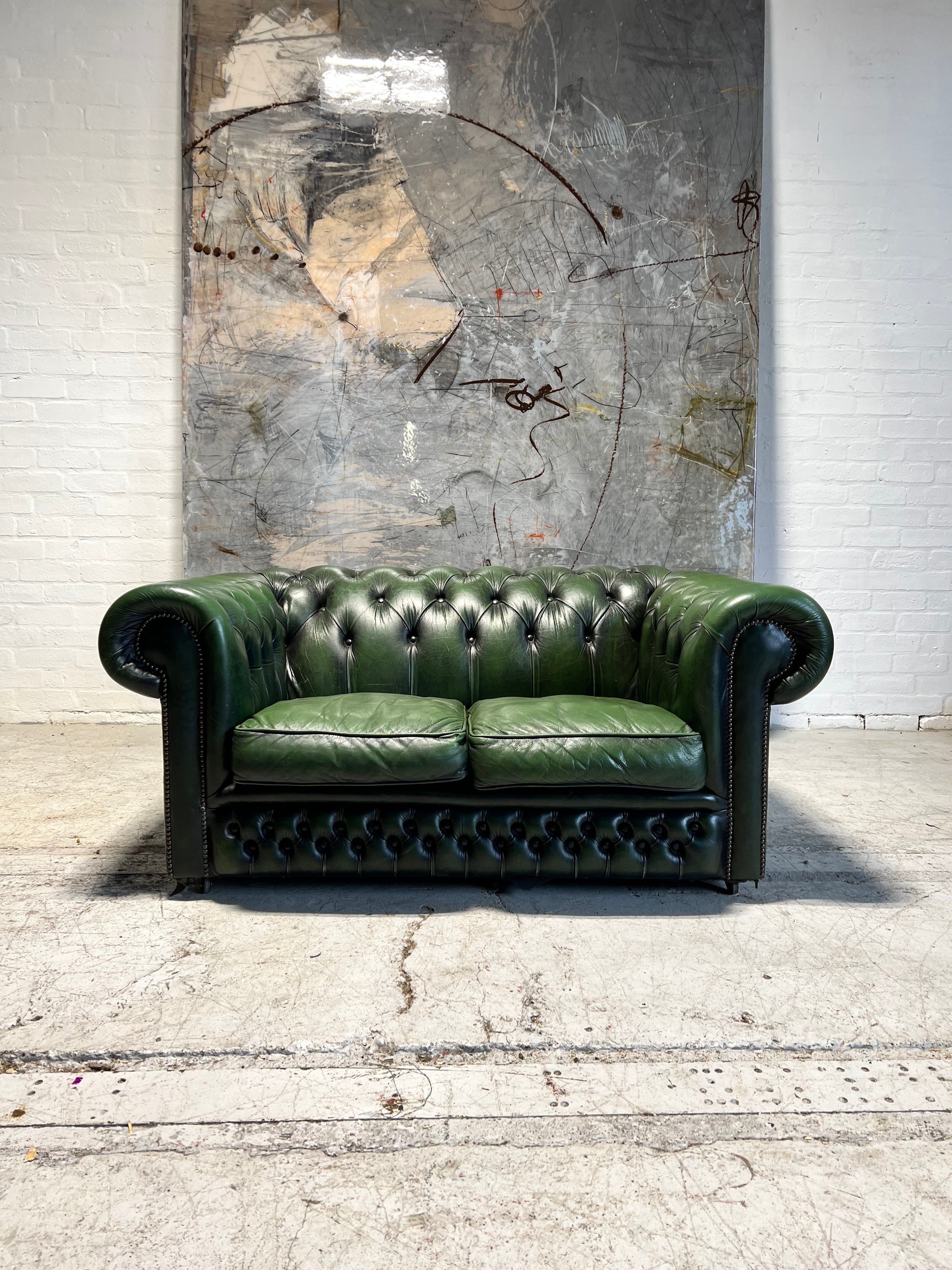 A Super Matching Pair of Leather Chesterfield 2 Seater Sofas in Forest Green