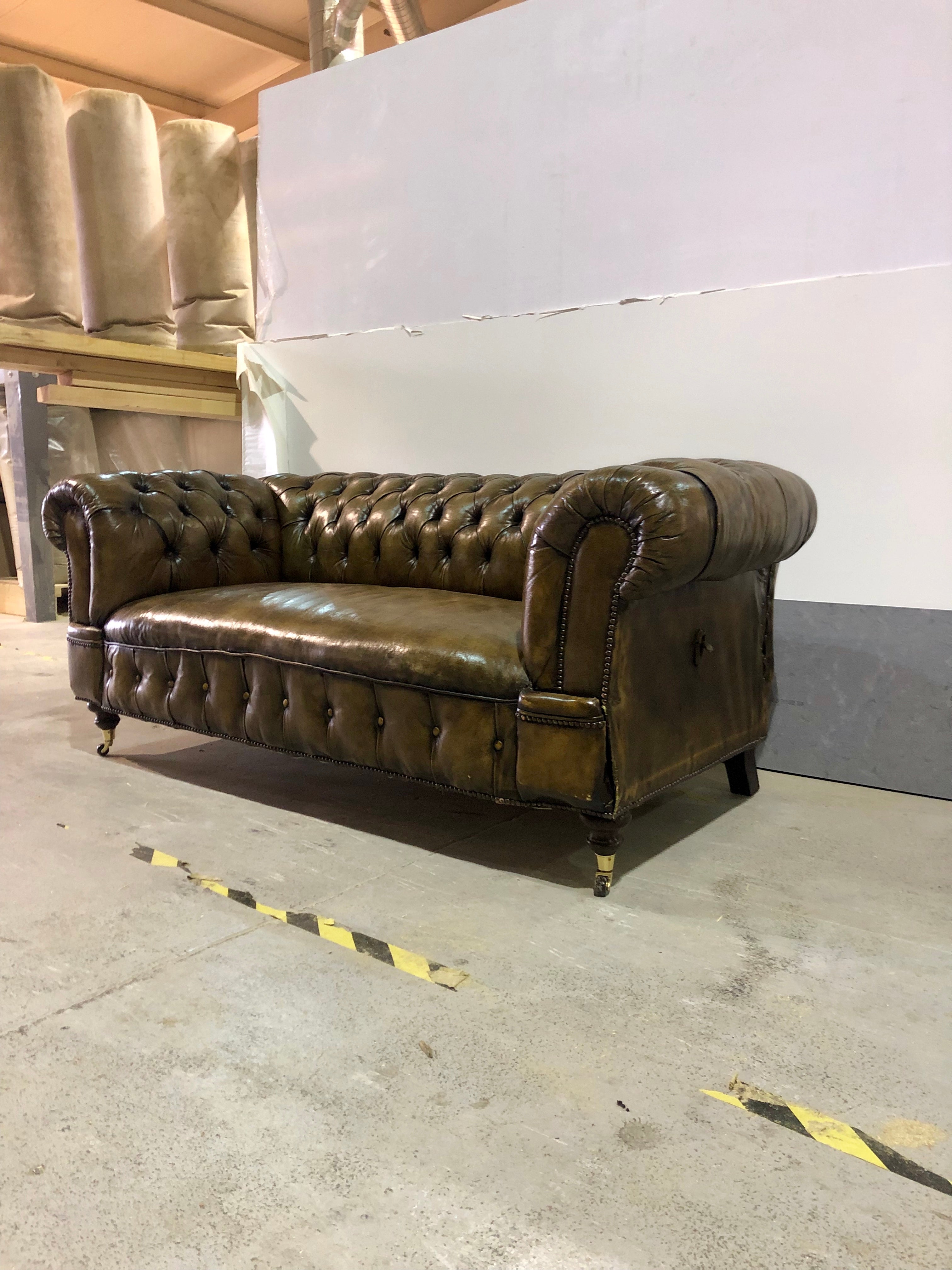 Double Drop Arm Antique Leather Sofa Circa 1900