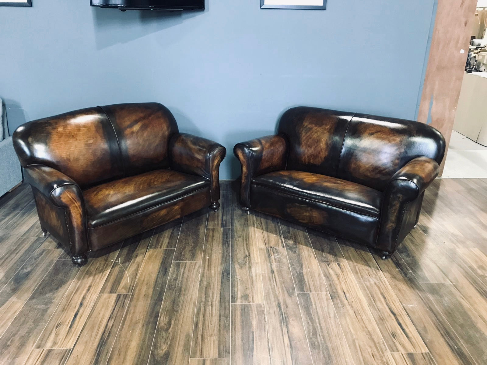 Super Pair of Fully Restored 1920’s Art Deco Club Sofas with Drop arms - Hand Dyed in Tobacco Browns