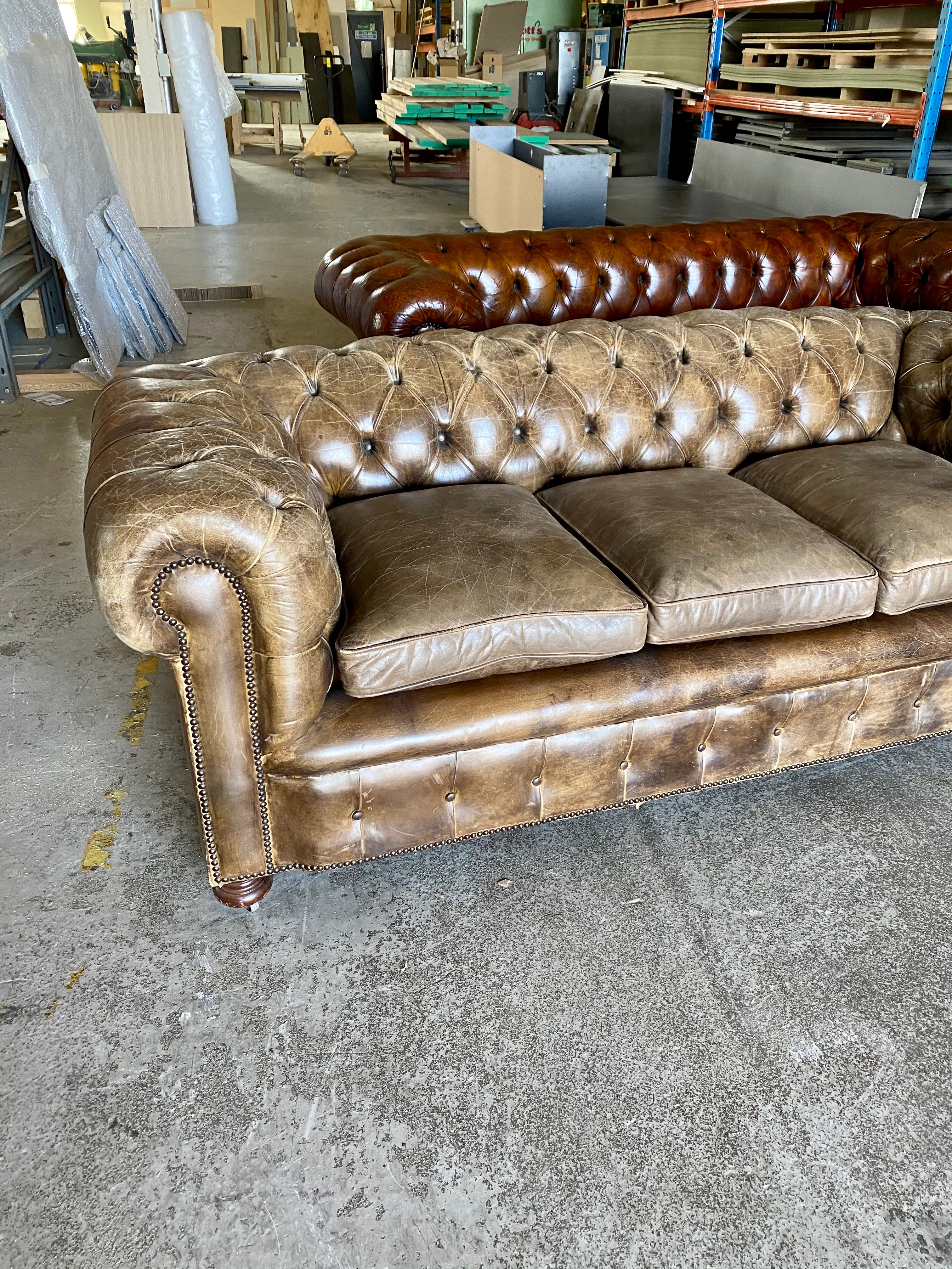 Exceptional Hand Dyed Leather Chesterfield Sofa in Chalk Brown