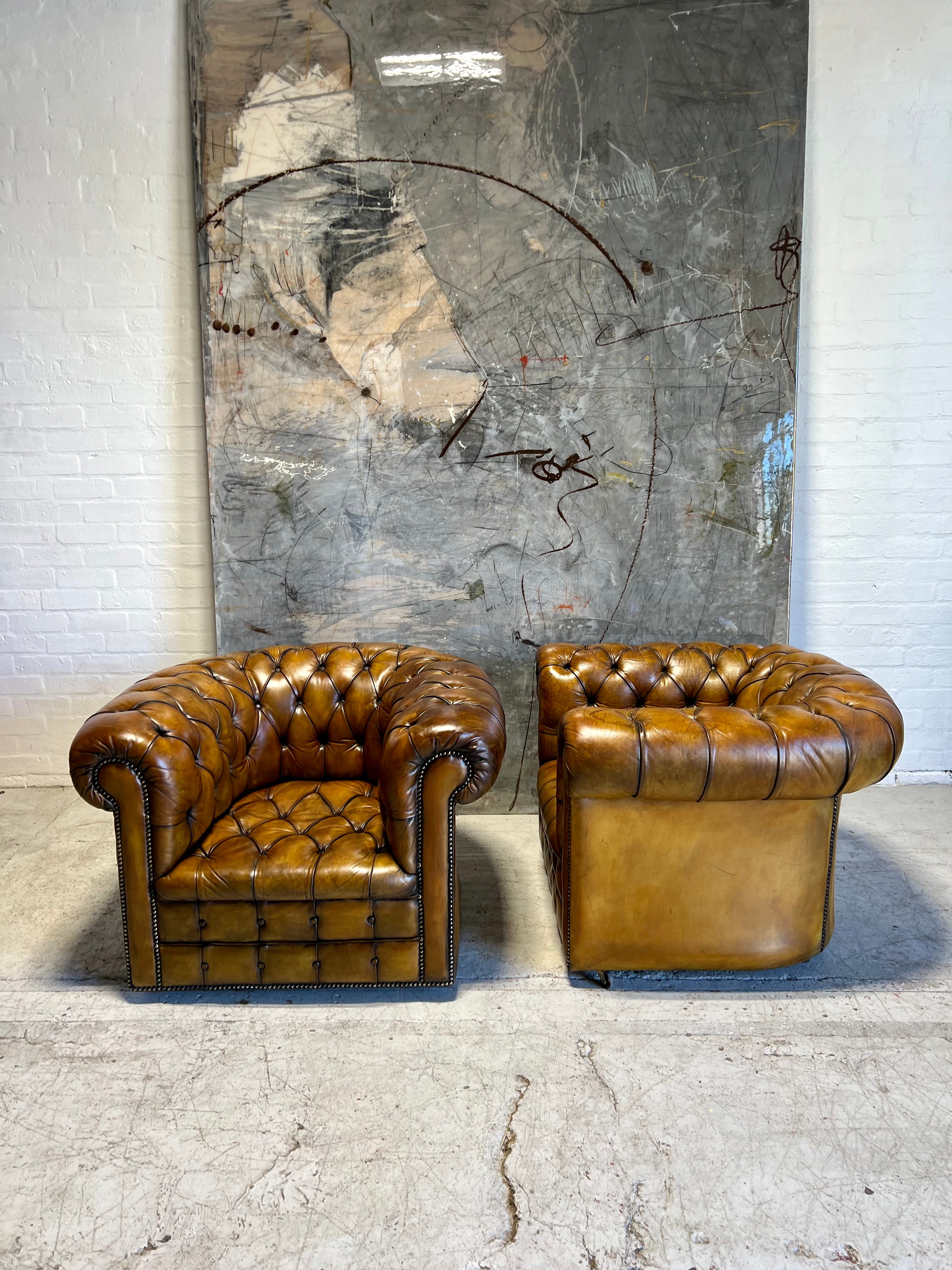 Amazing Matching Pair of MidC Leather Chesterfield Club Chairs (Full Suite Available)