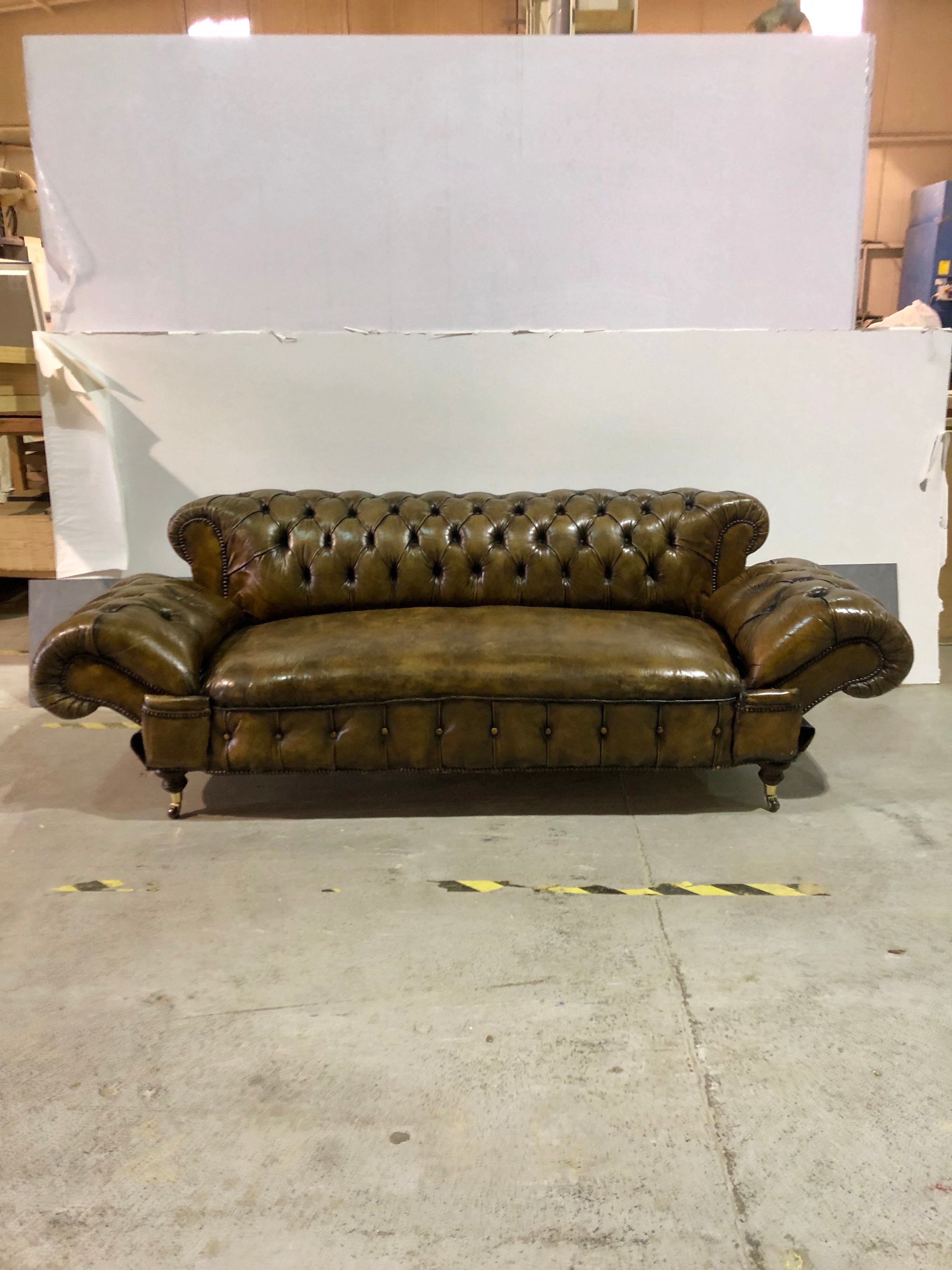 Double Drop Arm Antique Leather Sofa Circa 1900