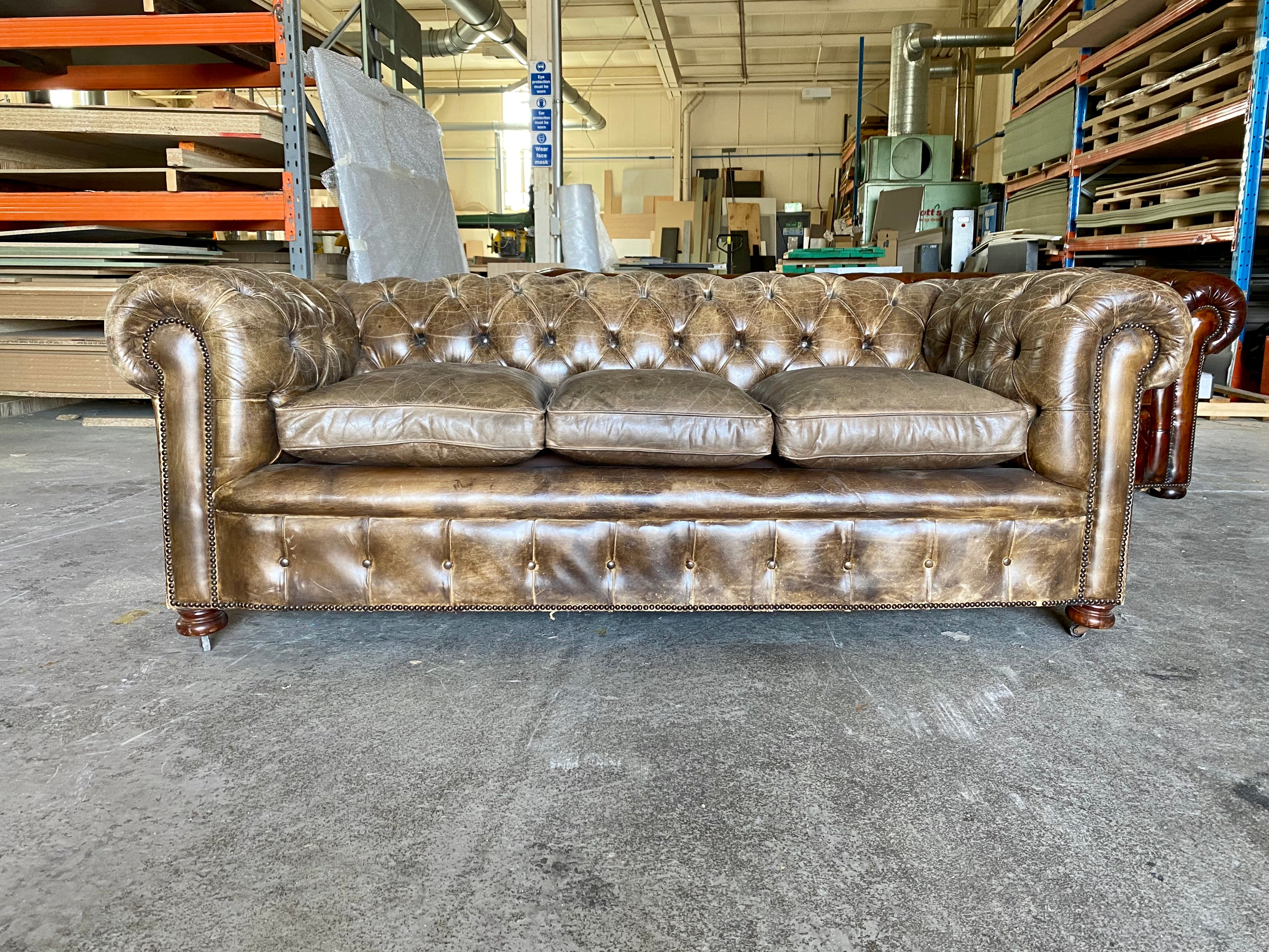 Exceptional Hand Dyed Leather Chesterfield Sofa in Chalk Brown