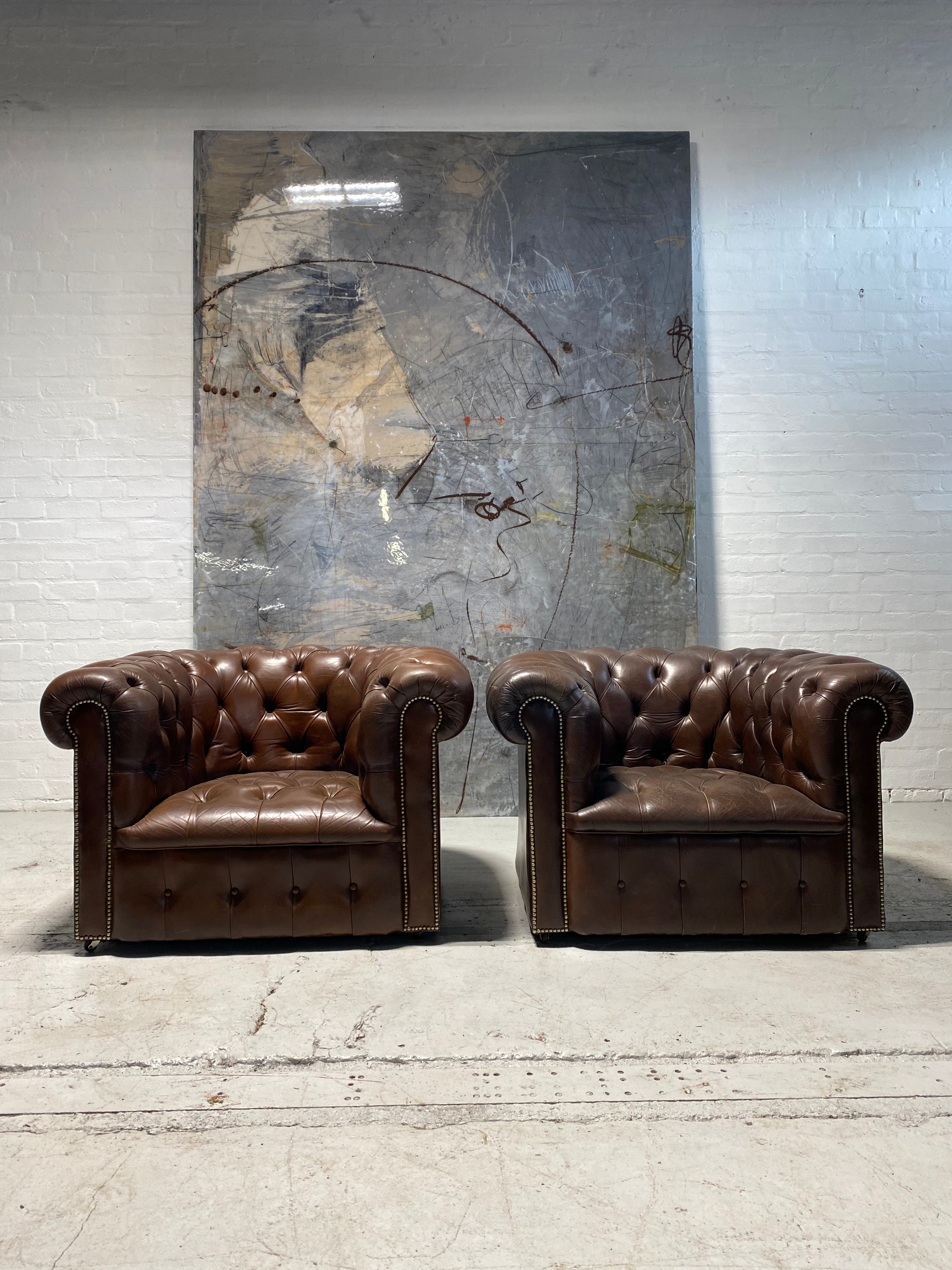 A Super Pair of Chesterfield Club Chairs in Brown