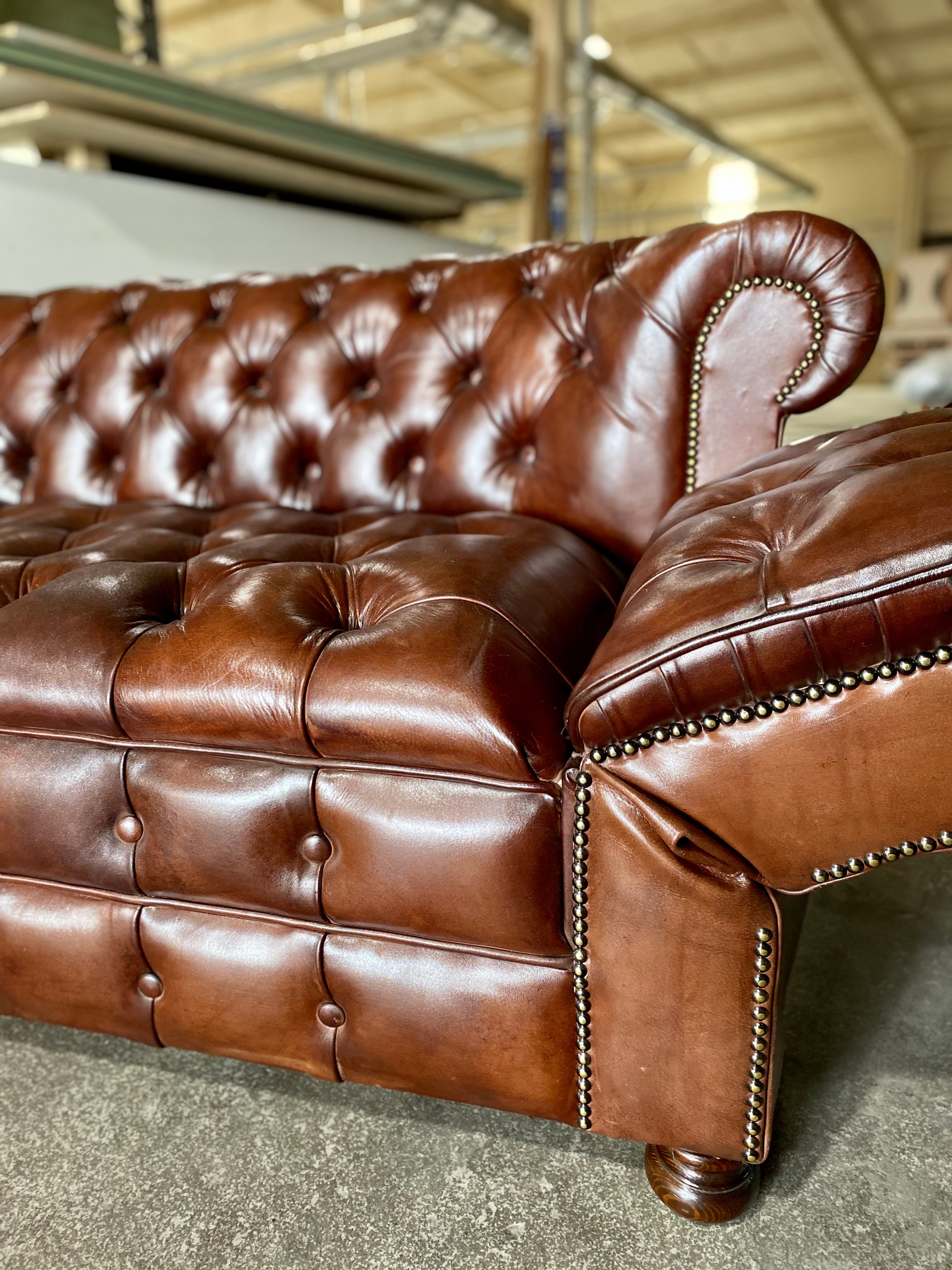 A Perfectly Restored Drop Arm MidC Chesterfield in Hand Dyed Warm Browns