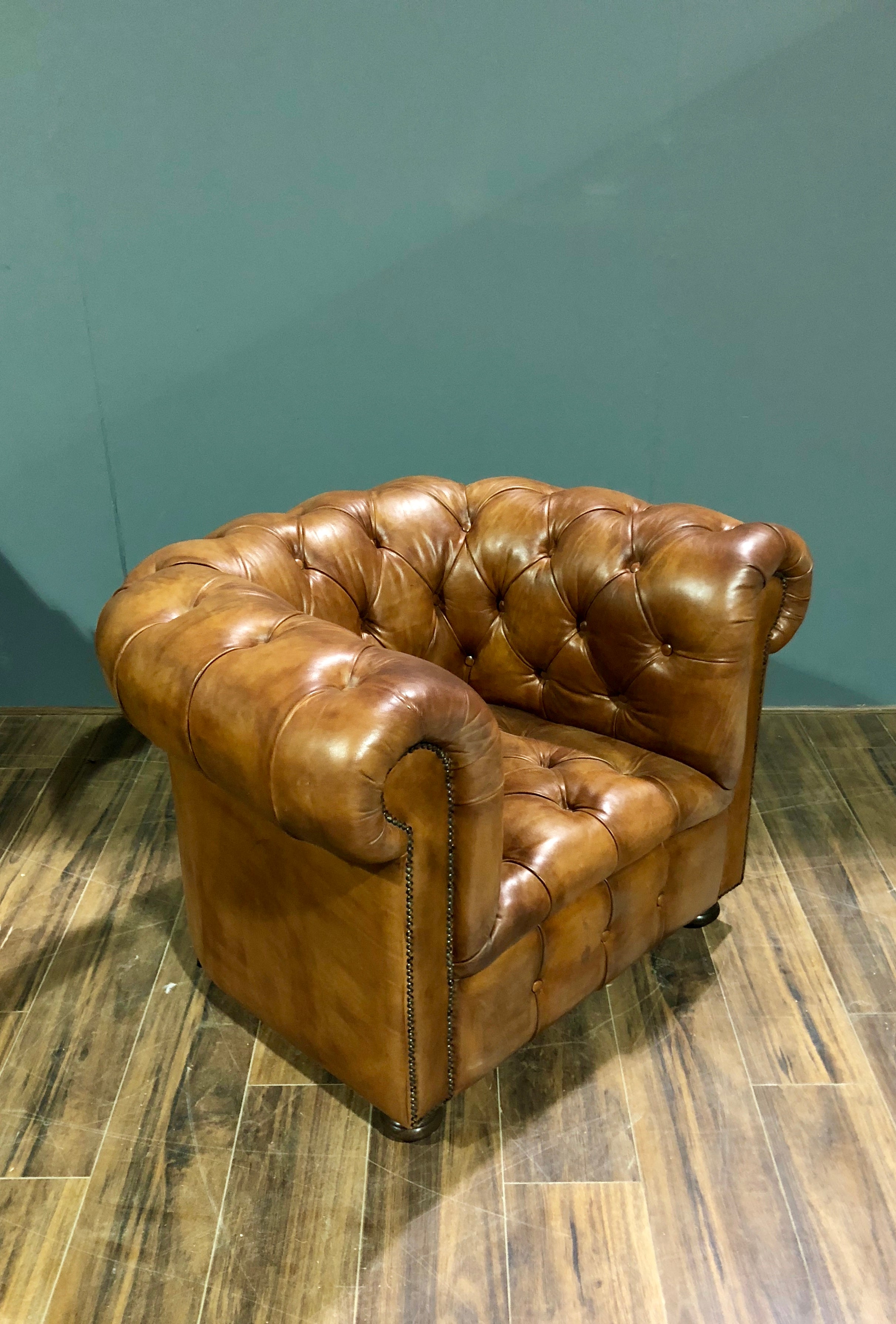 A Beautiful Early 20thC Restored Club Chair in Hand Dyed Saddle Tan